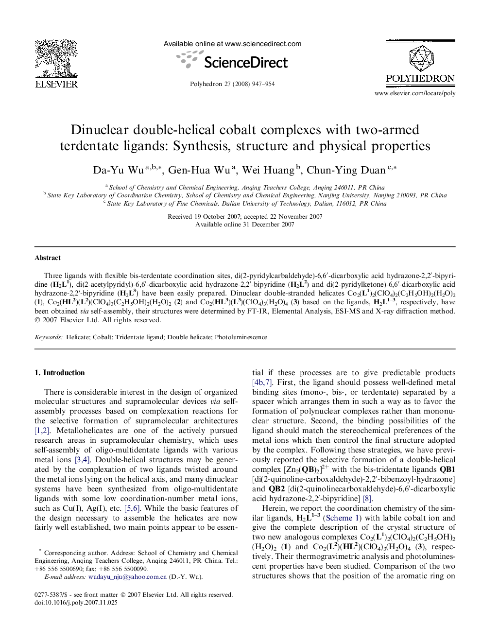 Dinuclear double-helical cobalt complexes with two-armed terdentate ligands: Synthesis, structure and physical properties