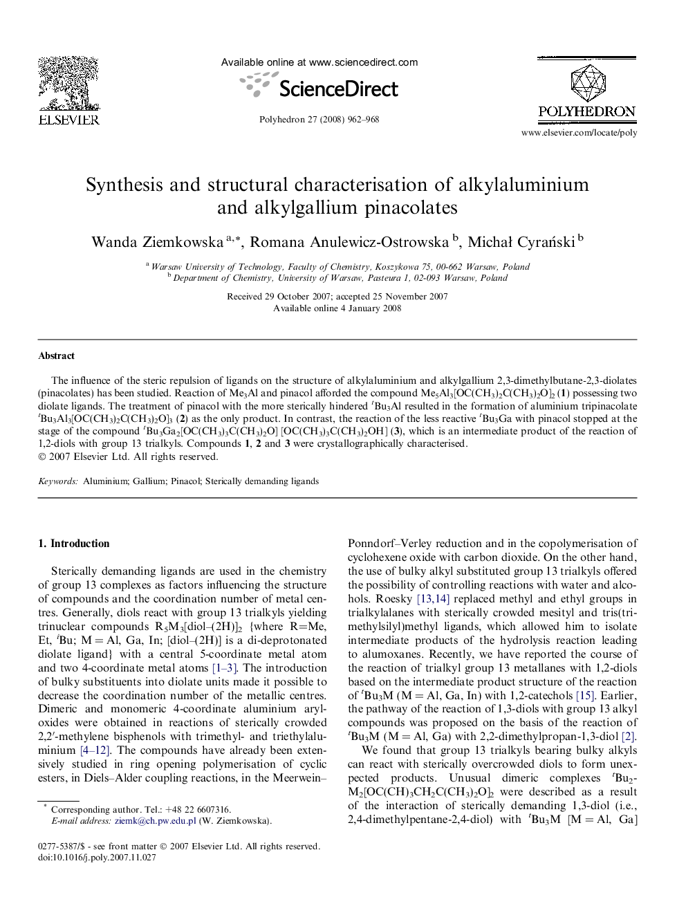 Synthesis and structural characterisation of alkylaluminium and alkylgallium pinacolates