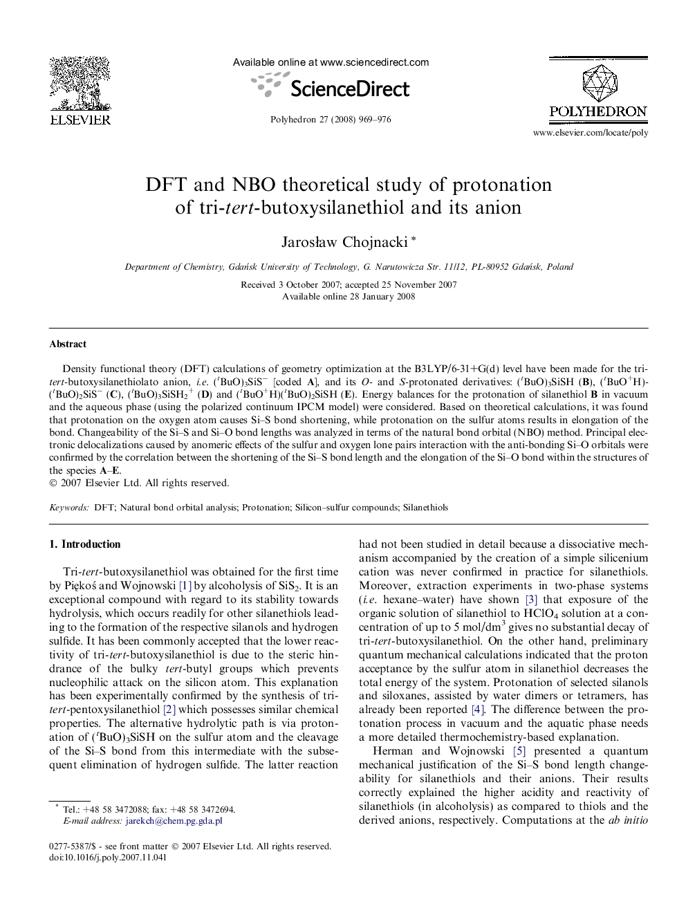 DFT and NBO theoretical study of protonation of tri-tert-butoxysilanethiol and its anion