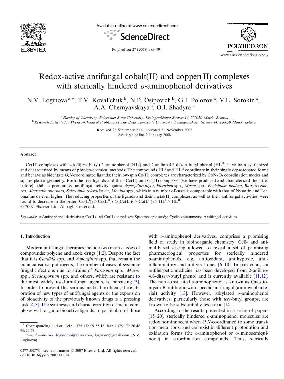 Redox-active antifungal cobalt(II) and copper(II) complexes with sterically hindered o-aminophenol derivatives