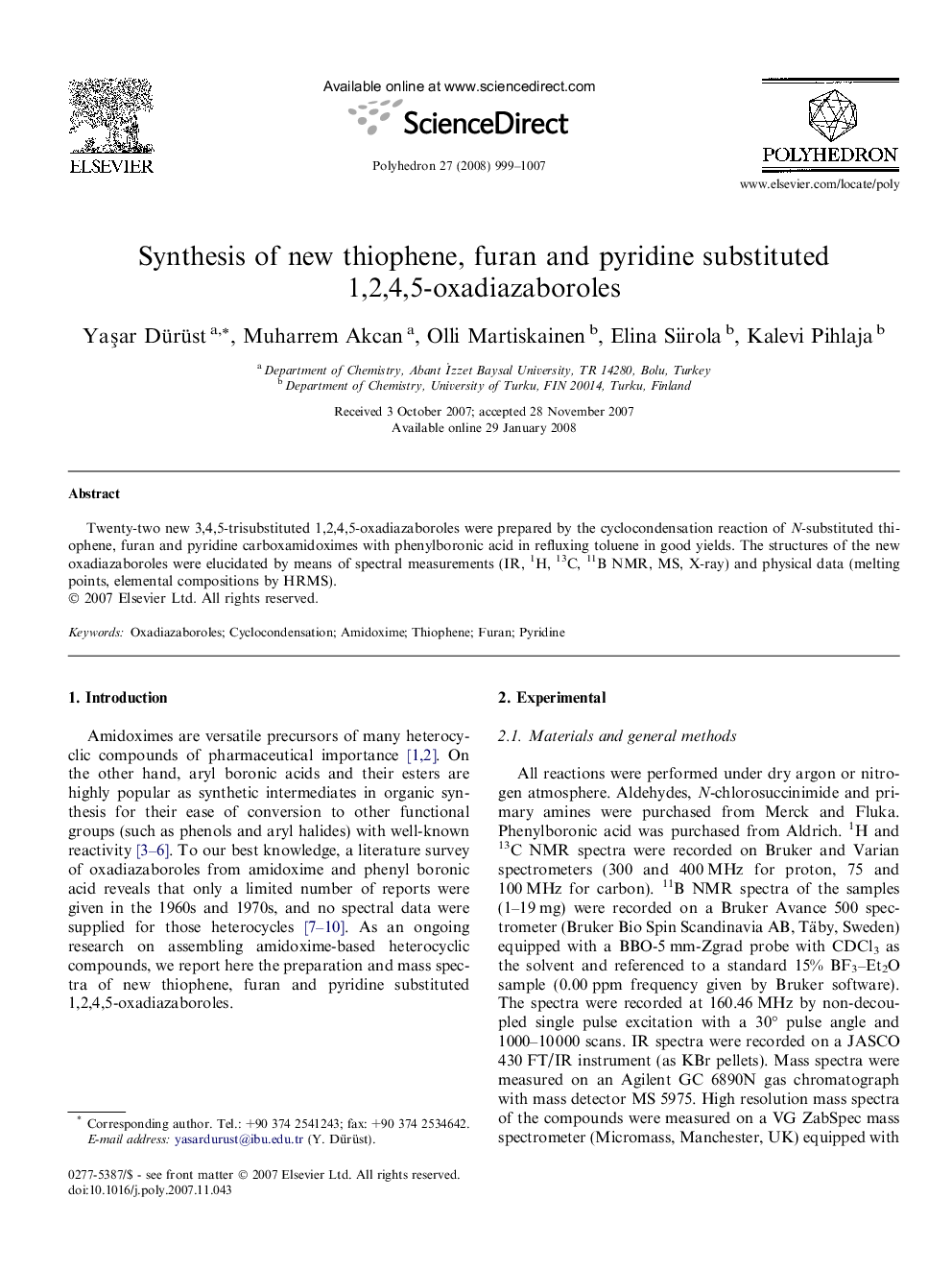 Synthesis of new thiophene, furan and pyridine substituted 1,2,4,5-oxadiazaboroles