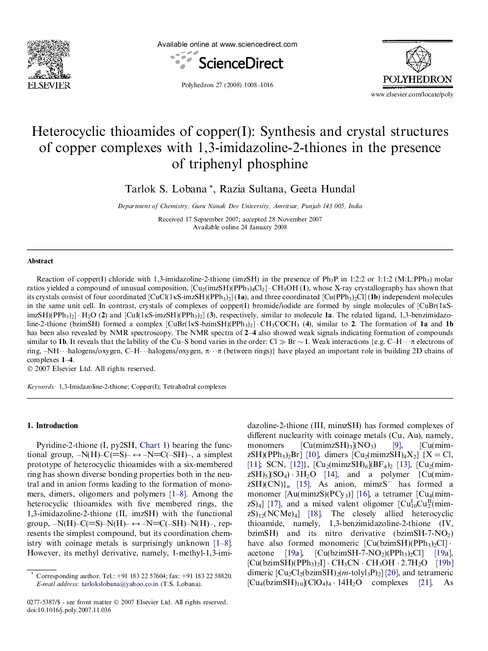 Heterocyclic thioamides of copper(I): Synthesis and crystal structures of copper complexes with 1,3-imidazoline-2-thiones in the presence of triphenyl phosphine