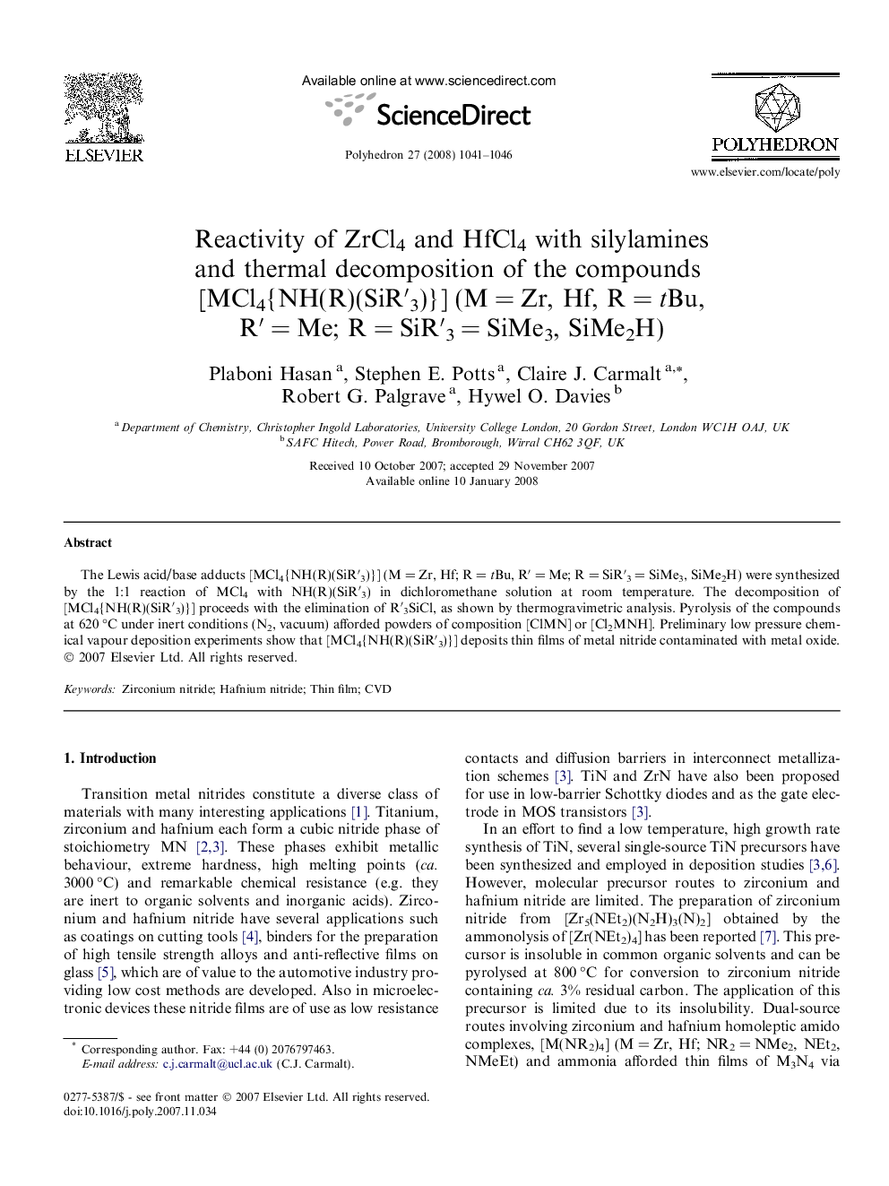 Reactivity of ZrCl4 and HfCl4 with silylamines and thermal decomposition of the compounds [MCl4{NH(R)(SiR′3)}] (M = Zr, Hf, R = tBu, R′ = Me; R = SiR′3 = SiMe3, SiMe2H)