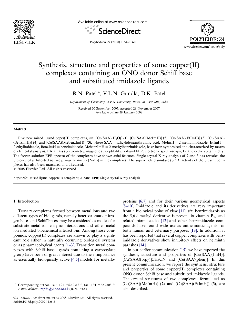 Synthesis, structure and properties of some copper(II) complexes containing an ONO donor Schiff base and substituted imidazole ligands