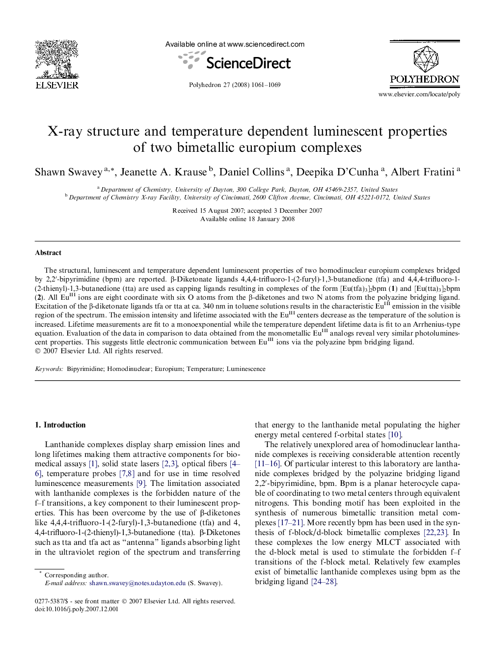 X-ray structure and temperature dependent luminescent properties of two bimetallic europium complexes