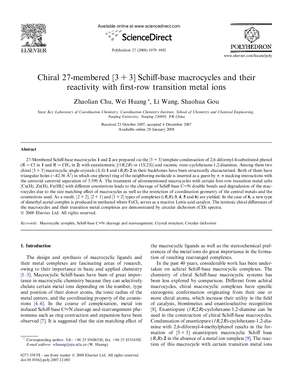 Chiral 27-membered [3 + 3] Schiff-base macrocycles and their reactivity with first-row transition metal ions