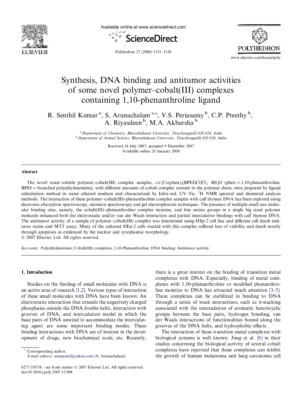 Synthesis, DNA binding and antitumor activities of some novel polymer–cobalt(III) complexes containing 1,10-phenanthroline ligand