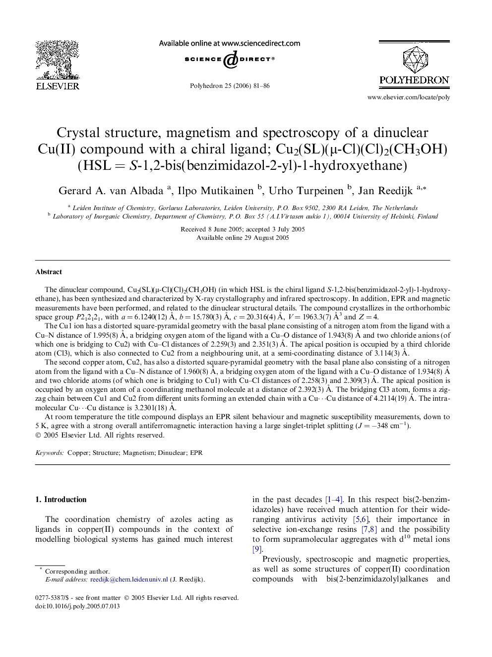 Crystal structure, magnetism and spectroscopy of a dinuclear Cu(II) compound with a chiral ligand; Cu2(SL)(μ-Cl)(Cl)2(CH3OH) (HSL = S-1,2-bis(benzimidazol-2-yl)-1-hydroxyethane)