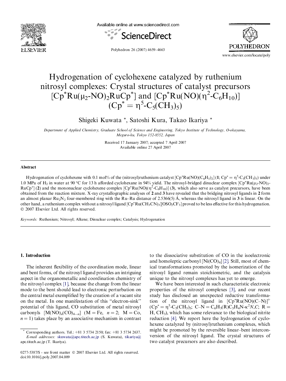 Hydrogenation of cyclohexene catalyzed by ruthenium nitrosyl complexes: Crystal structures of catalyst precursors [Cp∗Ru(μ2-NO)2RuCp∗] and [Cp∗Ru(NO)(η2-C6H10)] (Cp∗ = η5-C5(CH3)5)