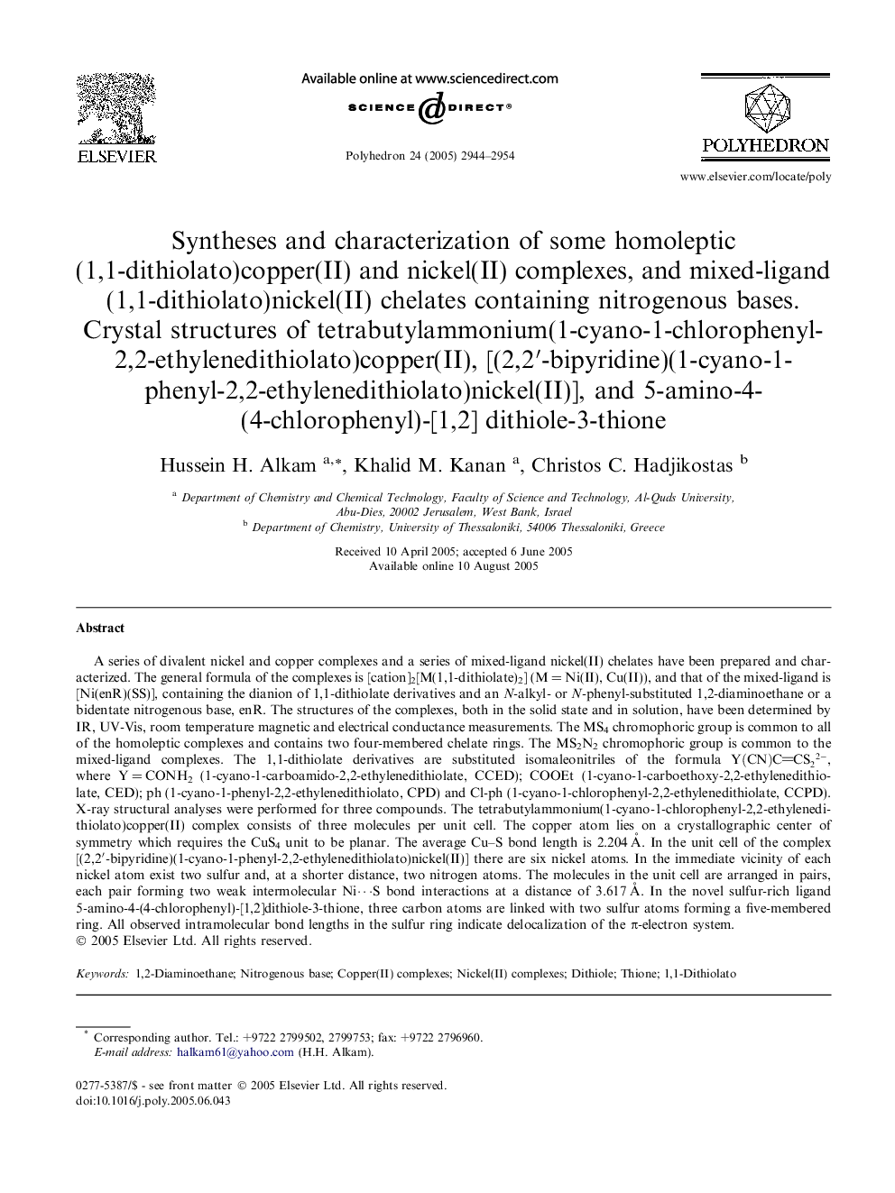 Syntheses and characterization of some homoleptic (1,1-dithiolato)copper(II) and nickel(II) complexes, and mixed-ligand (1,1-dithiolato)nickel(II) chelates containing nitrogenous bases. Crystal structures of tetrabutylammonium(1-cyano-1-chlorophenyl-2,2-e