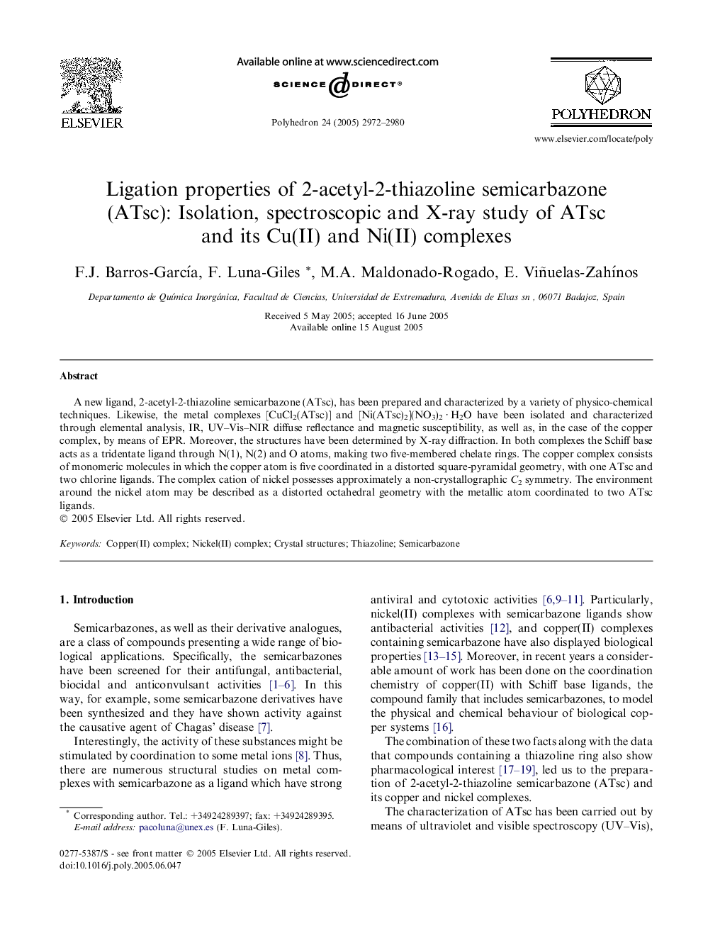 Ligation properties of 2-acetyl-2-thiazoline semicarbazone (ATsc): Isolation, spectroscopic and X-ray study of ATsc and its Cu(II) and Ni(II) complexes