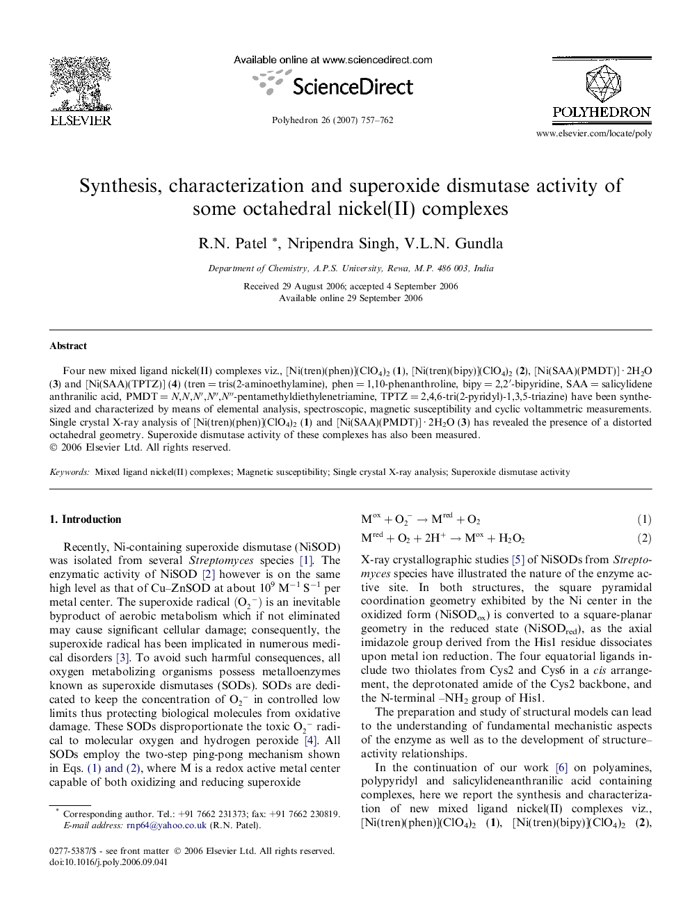 Synthesis, characterization and superoxide dismutase activity of some octahedral nickel(II) complexes