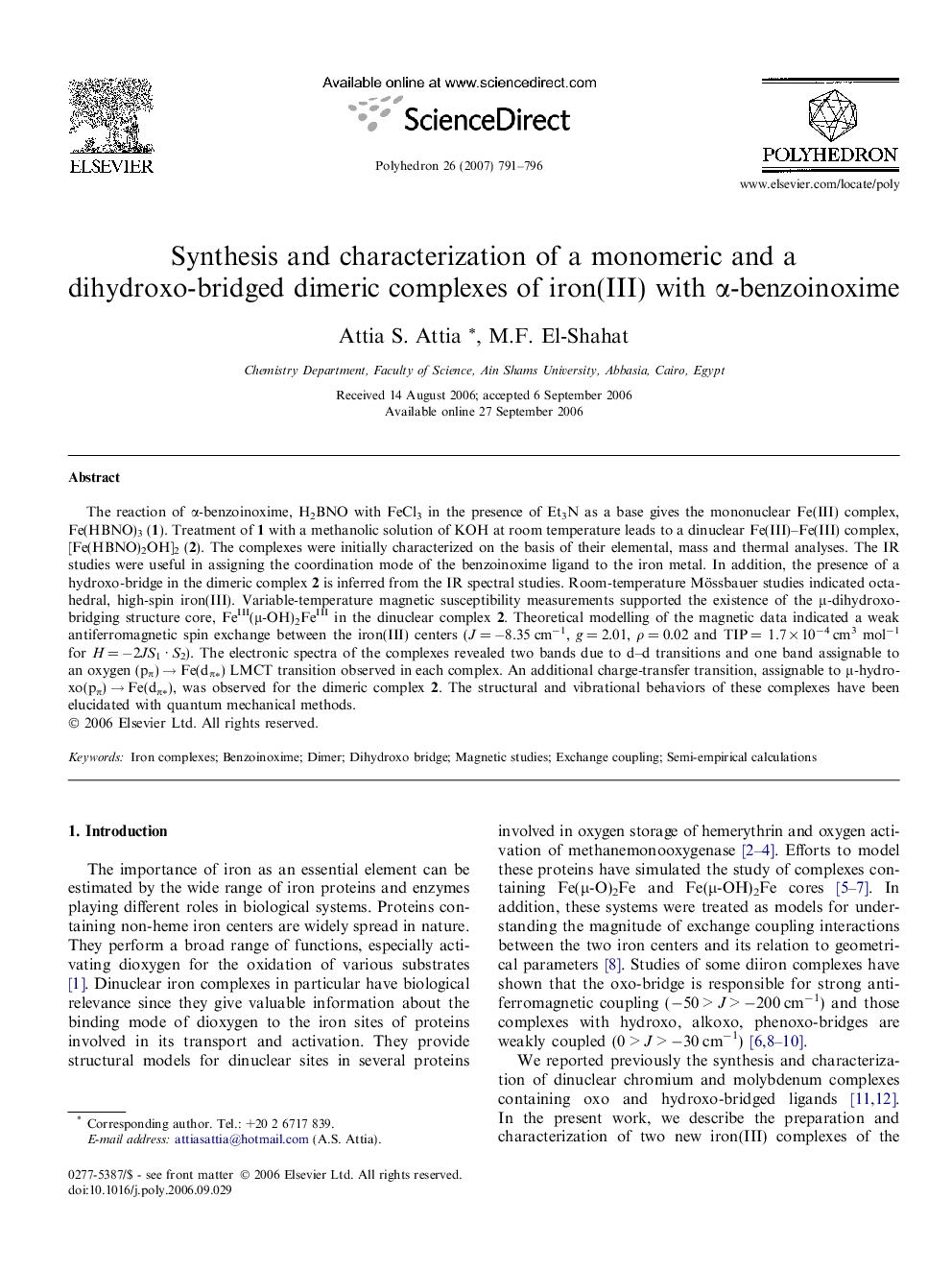 Synthesis and characterization of a monomeric and a dihydroxo-bridged dimeric complexes of iron(III) with α-benzoinoxime