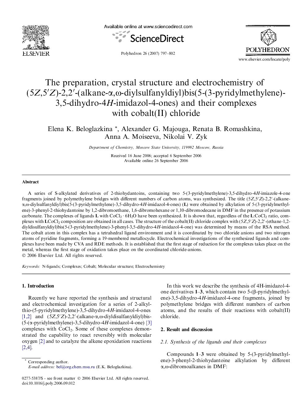 The preparation, crystal structure and electrochemistry of (5Z,5′Z)-2,2′-(alkane-α,ω-diylsulfanyldiyl)bis(5-(3-pyridylmethylene)-3,5-dihydro-4H-imidazol-4-ones) and their complexes with cobalt(II) chloride