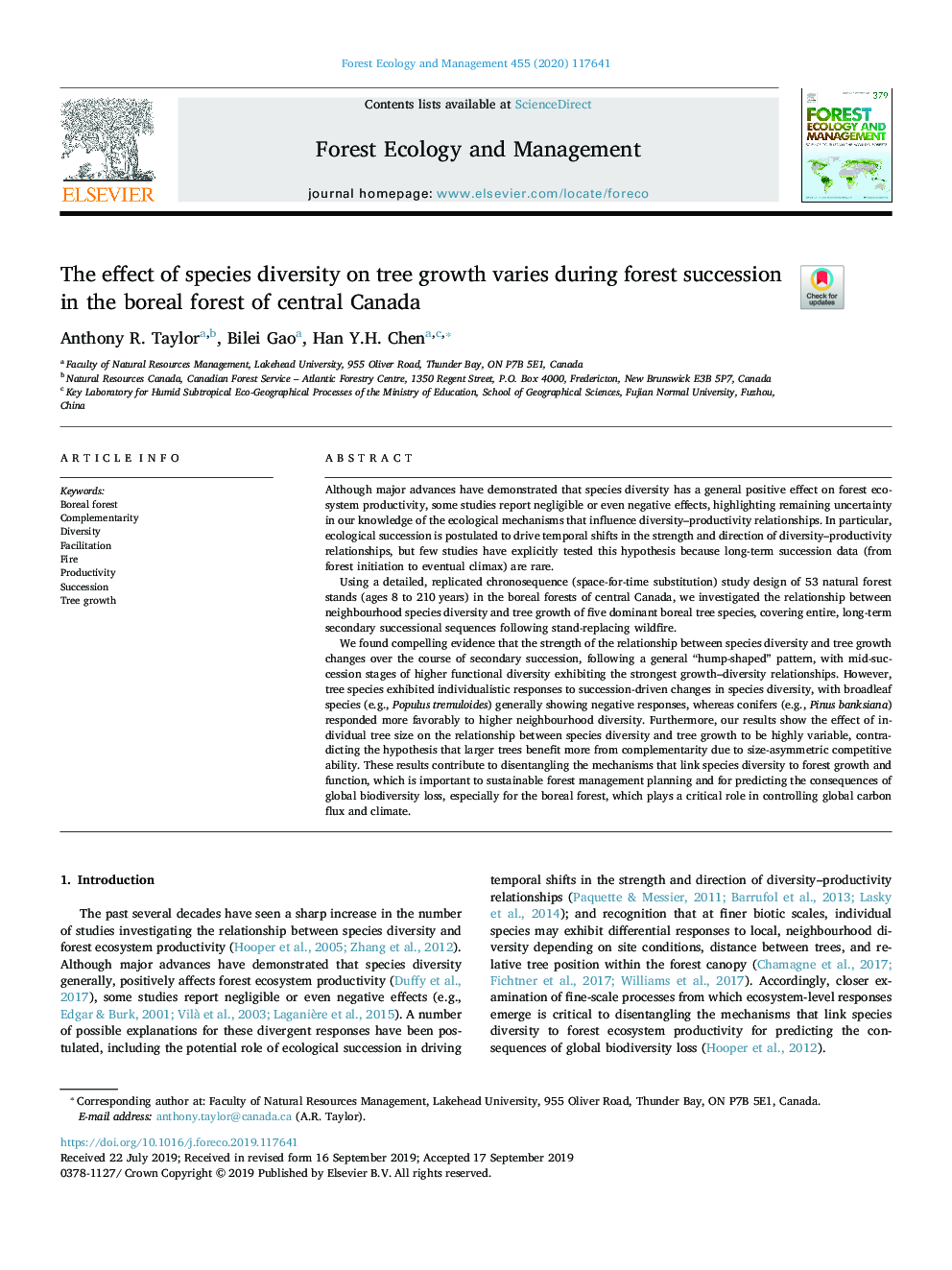 The effect of species diversity on tree growth varies during forest succession in the boreal forest of central Canada