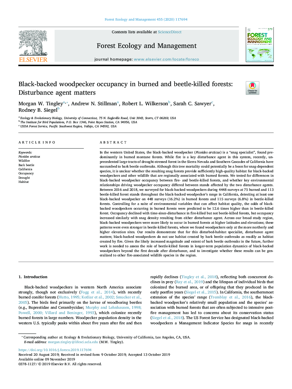 Black-backed woodpecker occupancy in burned and beetle-killed forests: Disturbance agent matters