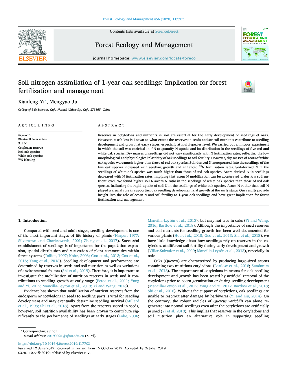 Soil nitrogen assimilation of 1-year oak seedlings: Implication for forest fertilization and management