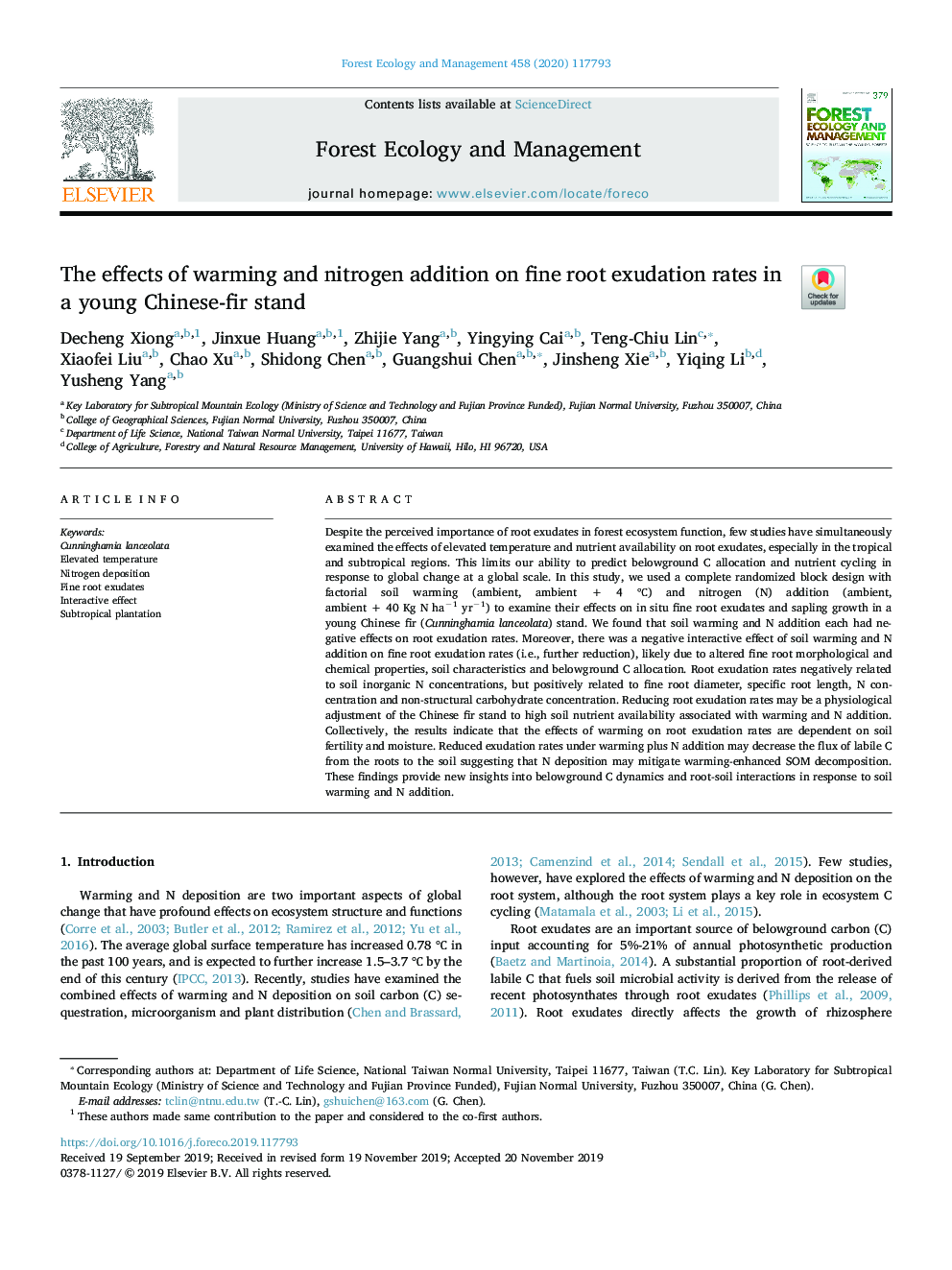 The effects of warming and nitrogen addition on fine root exudation rates in a young Chinese-fir stand