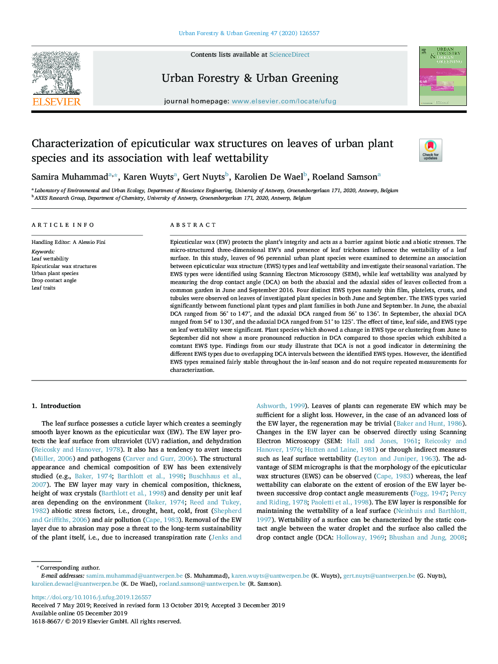 Characterization of epicuticular wax structures on leaves of urban plant species and its association with leaf wettability