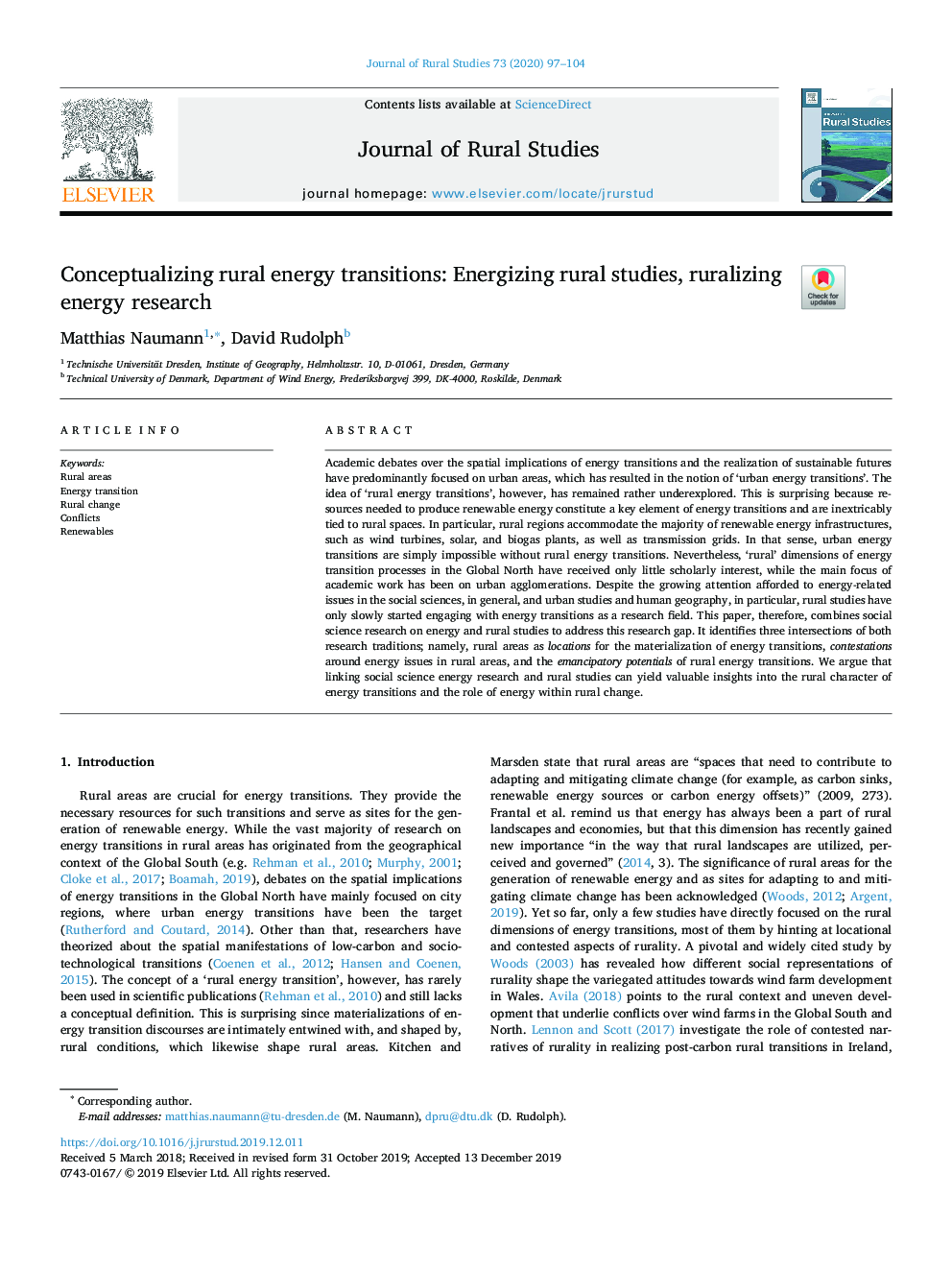 Conceptualizing rural energy transitions: Energizing rural studies, ruralizing energy research