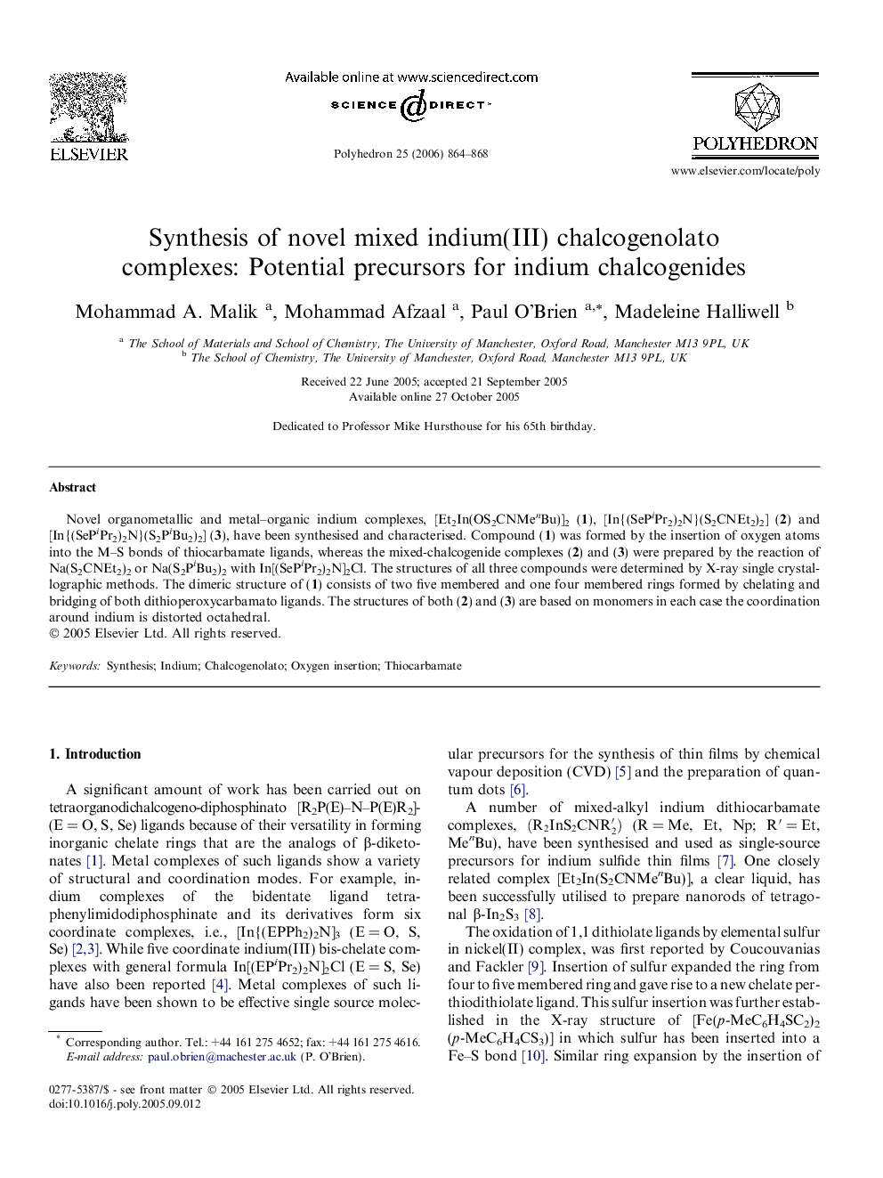 Synthesis of novel mixed indium(III) chalcogenolato complexes: Potential precursors for indium chalcogenides