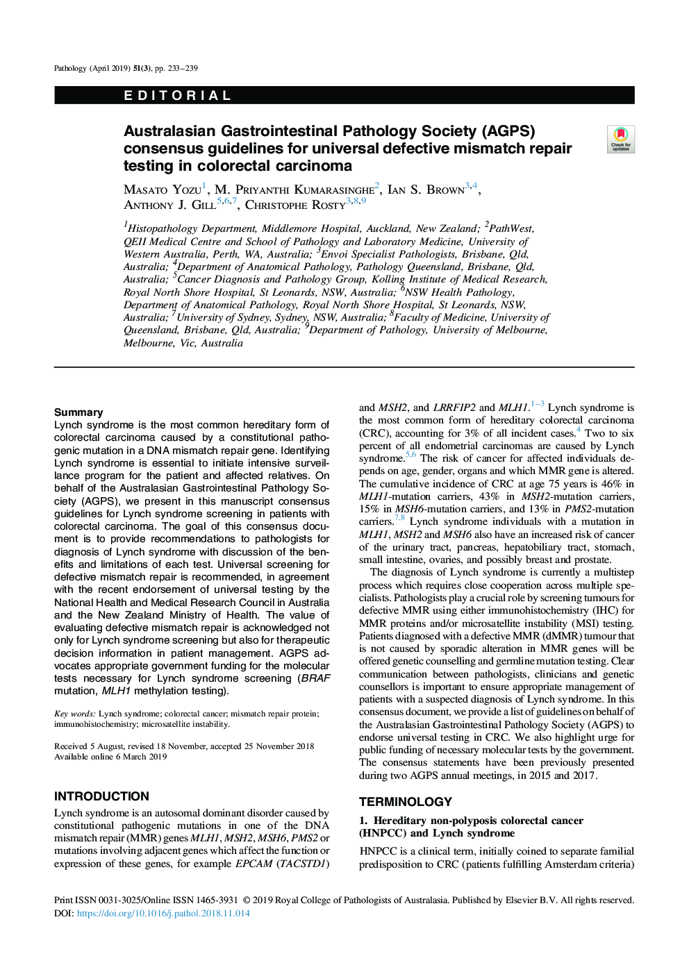 Australasian Gastrointestinal Pathology Society (AGPS) consensus guidelines for universal defective mismatch repair testing in colorectal carcinoma