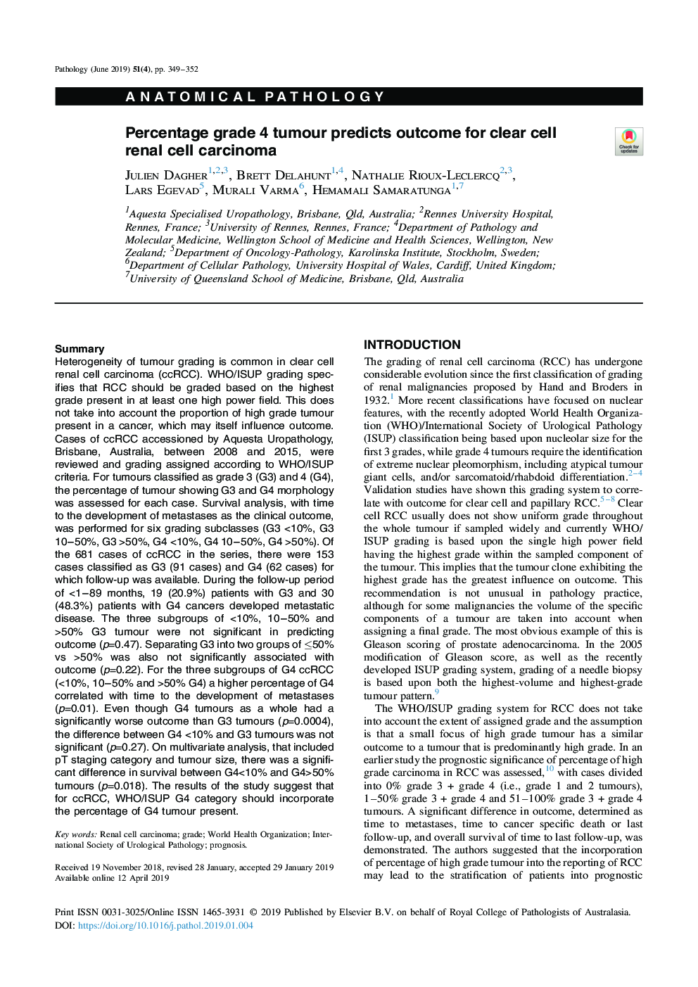 Percentage grade 4 tumour predicts outcome for clear cell renal cell carcinoma