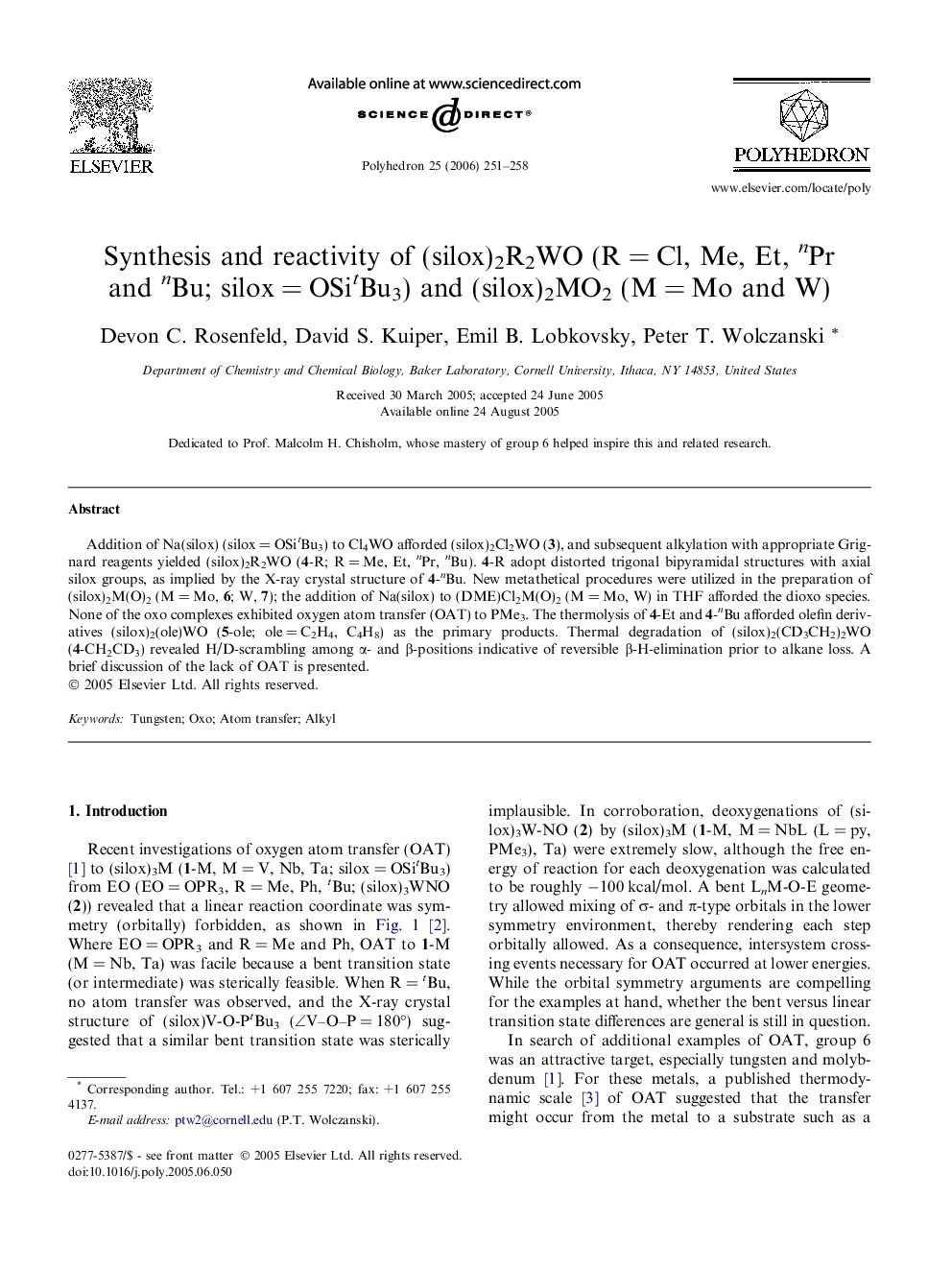 Synthesis and reactivity of (silox)2R2WO (R = Cl, Me, Et, nPr and nBu; silox = OSitBu3) and (silox)2MO2 (M = Mo and W)