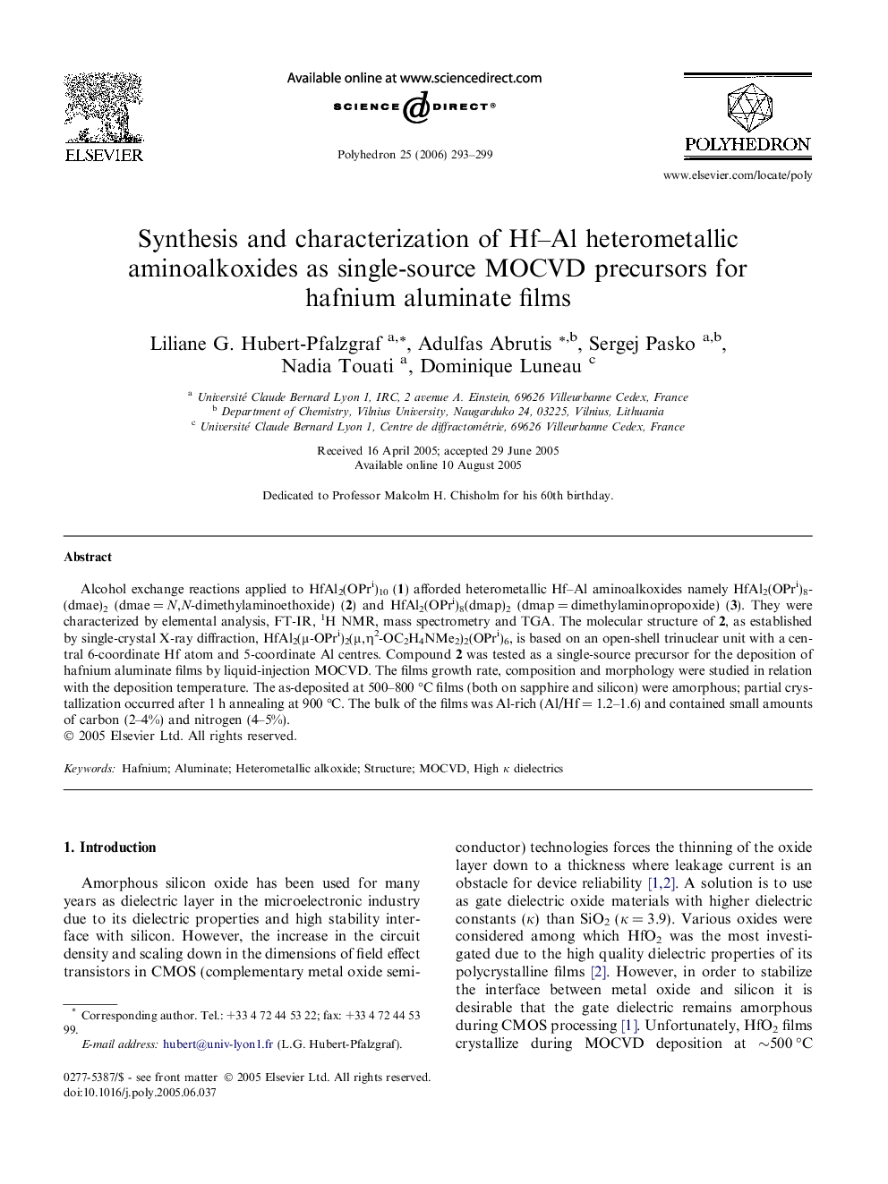 Synthesis and characterization of Hf–Al heterometallic aminoalkoxides as single-source MOCVD precursors for hafnium aluminate films