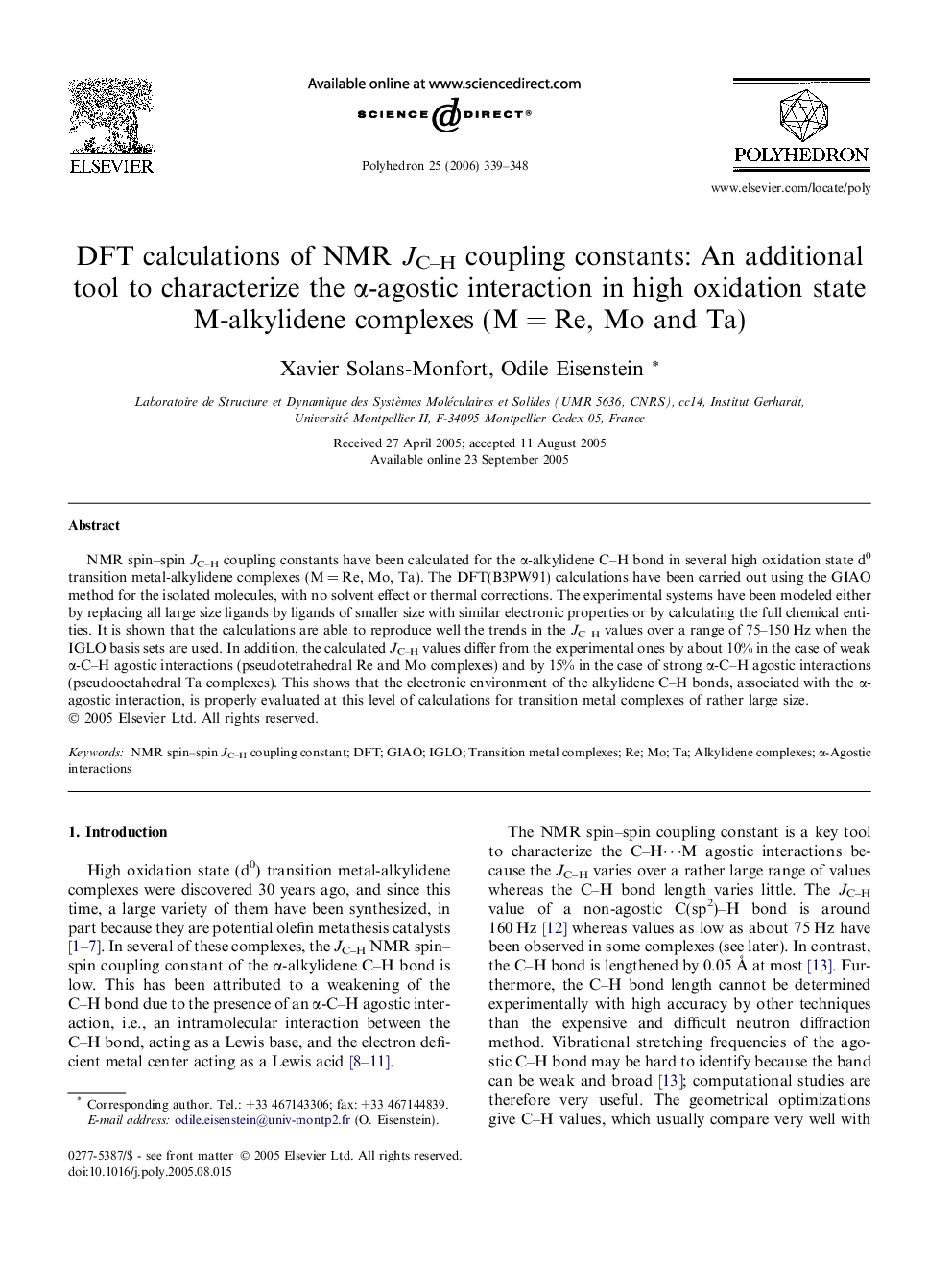 DFT calculations of NMR JC–H coupling constants: An additional tool to characterize the α-agostic interaction in high oxidation state M-alkylidene complexes (M = Re, Mo and Ta)