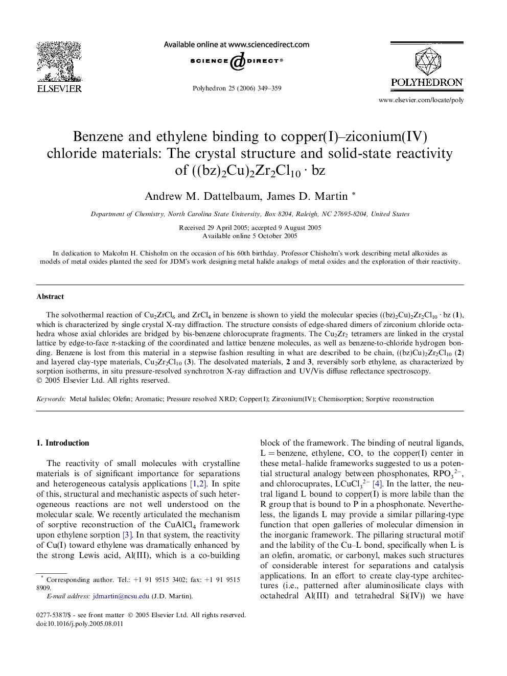 Benzene and ethylene binding to copper(I)–ziconium(IV) chloride materials: The crystal structure and solid-state reactivity of ((bz)2Cu)2Zr2Cl10 · bz