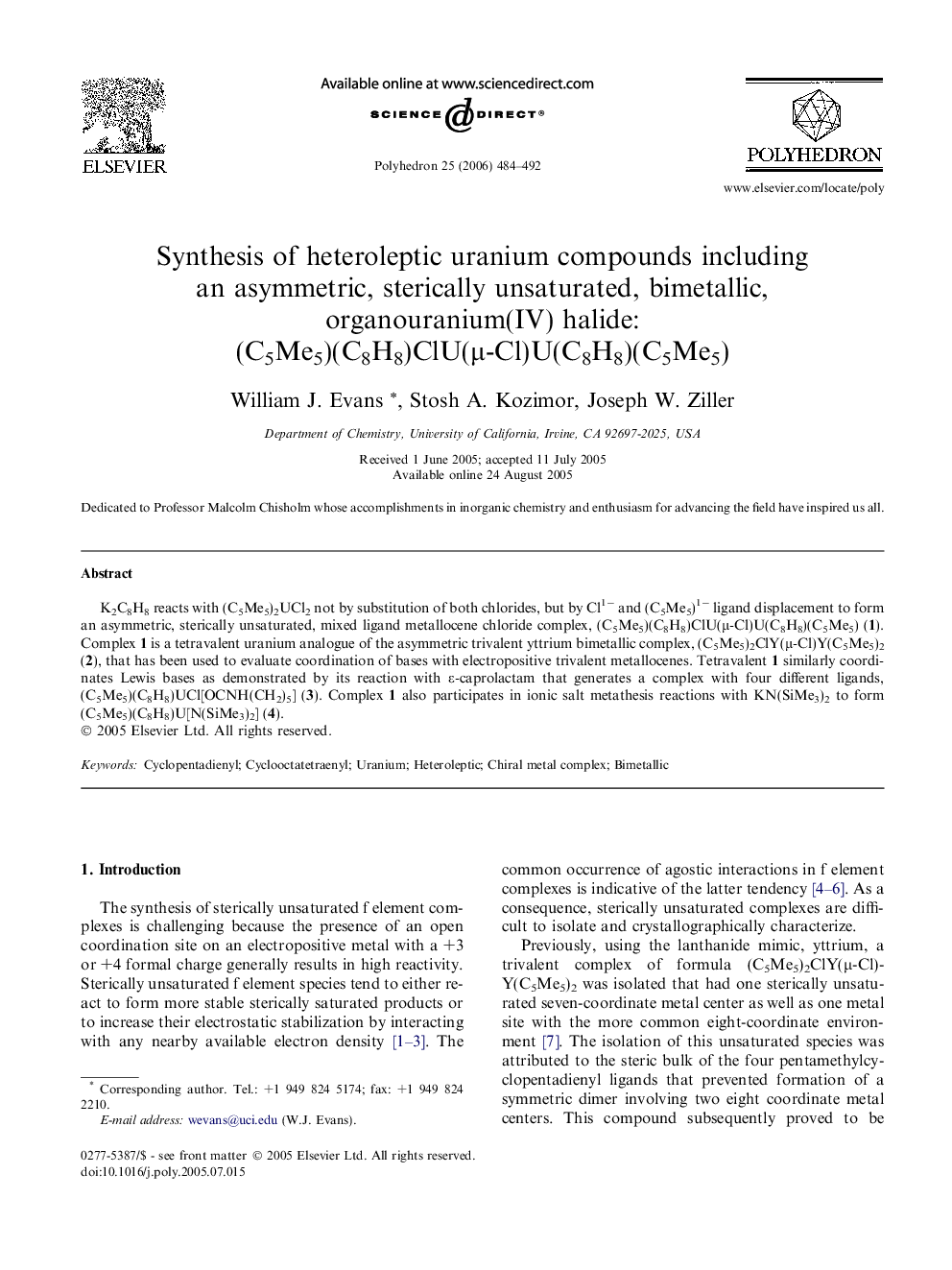 Synthesis of heteroleptic uranium compounds including an asymmetric, sterically unsaturated, bimetallic, organouranium(IV) halide: (C5Me5)(C8H8)ClU(μ-Cl)U(C8H8)(C5Me5)
