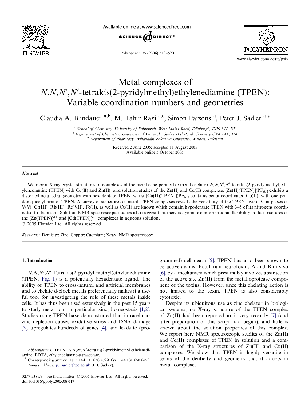 Metal complexes of N,N,N′,N′-tetrakis(2-pyridylmethyl)ethylenediamine (TPEN): Variable coordination numbers and geometries