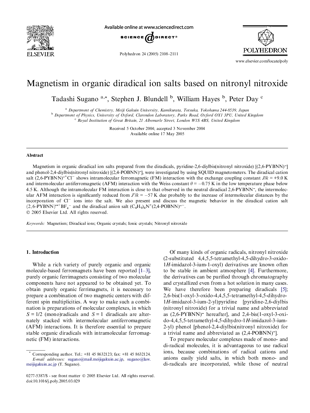 Magnetism in organic diradical ion salts based on nitronyl nitroxide