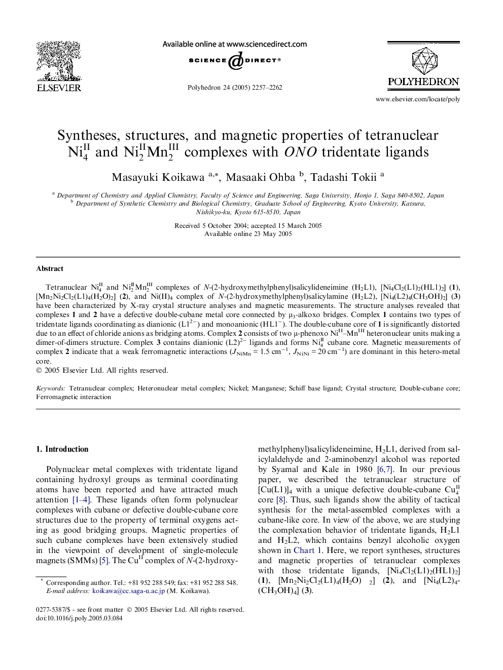 Syntheses, structures, and magnetic properties of tetranuclear Ni4II and Ni2IIMn2III complexes with ONO tridentate ligands