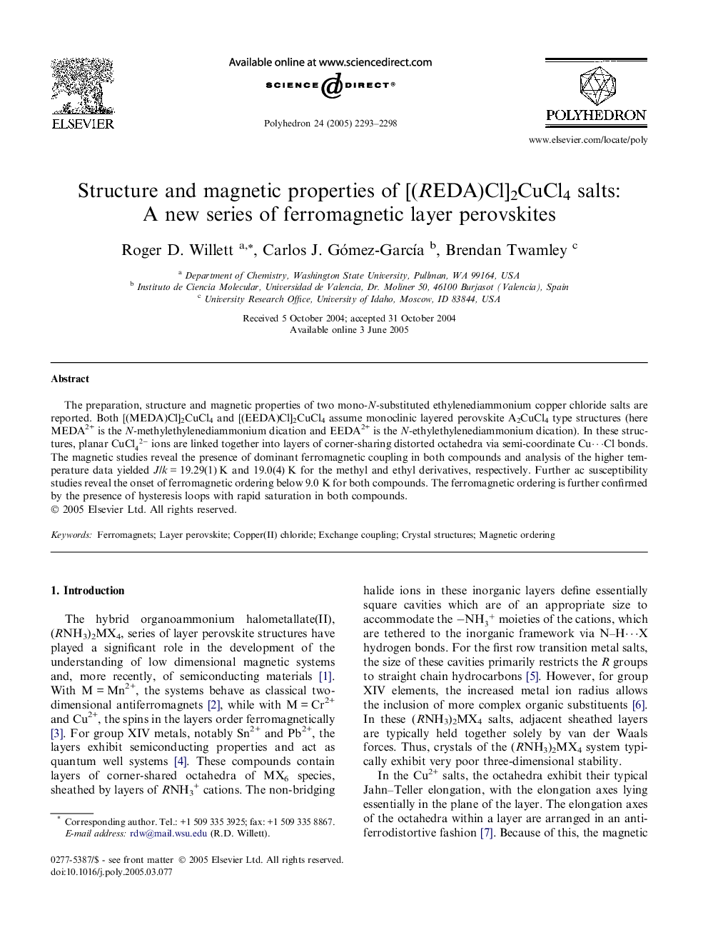 Structure and magnetic properties of [(REDA)Cl]2CuCl4 salts: A new series of ferromagnetic layer perovskites