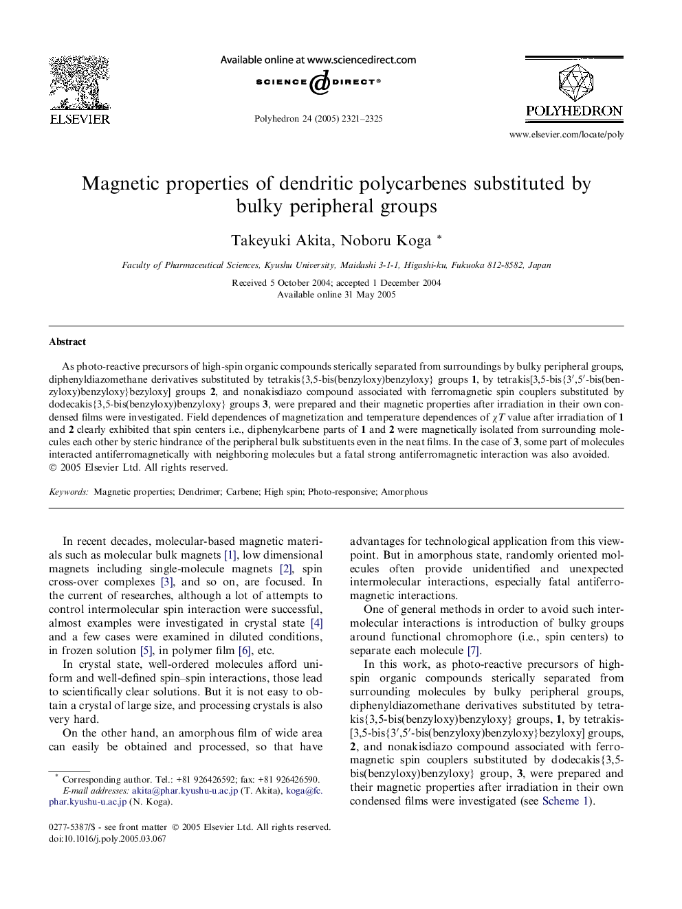 Magnetic properties of dendritic polycarbenes substituted by bulky peripheral groups