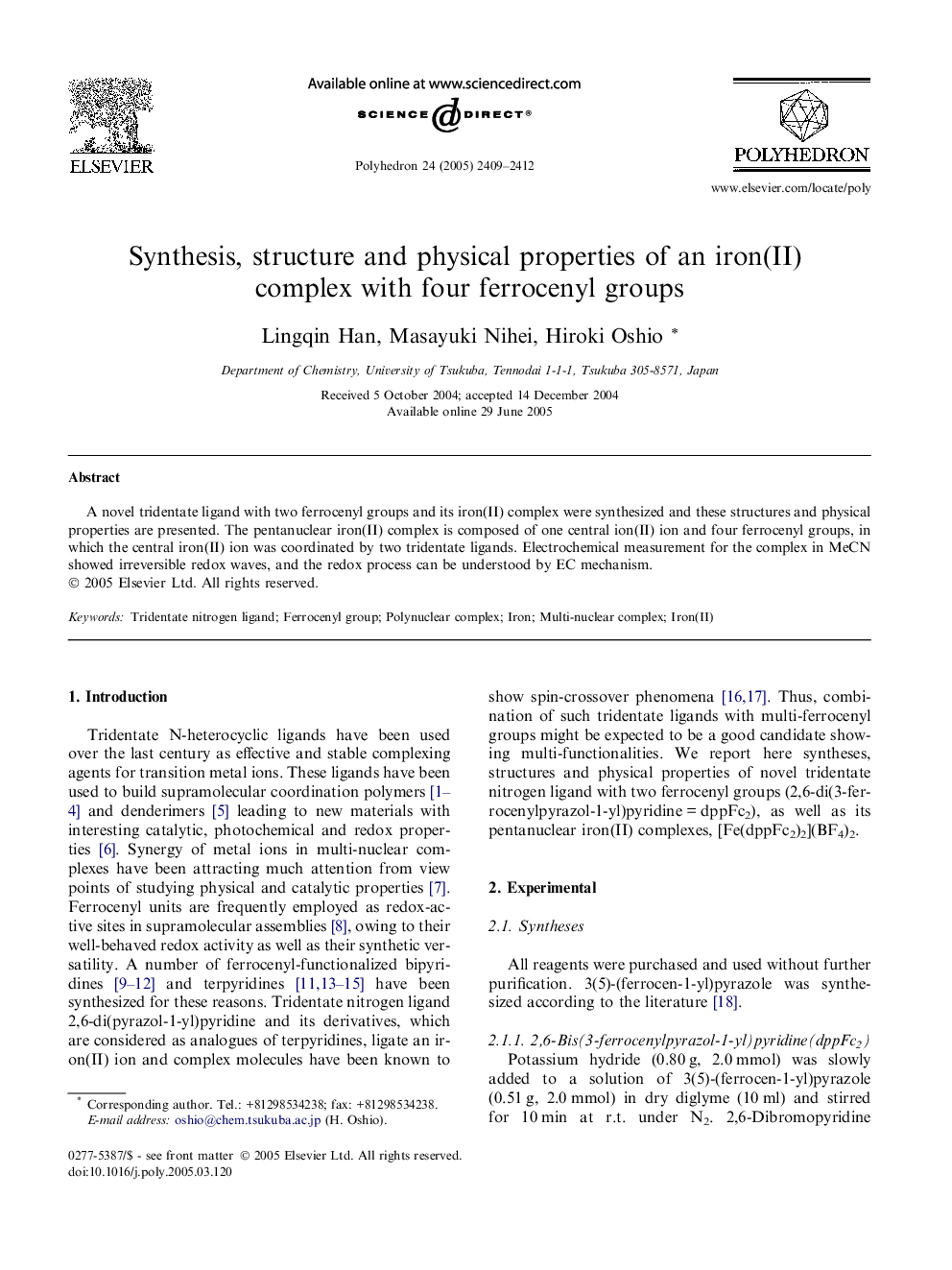 Synthesis, structure and physical properties of an iron(II) complex with four ferrocenyl groups