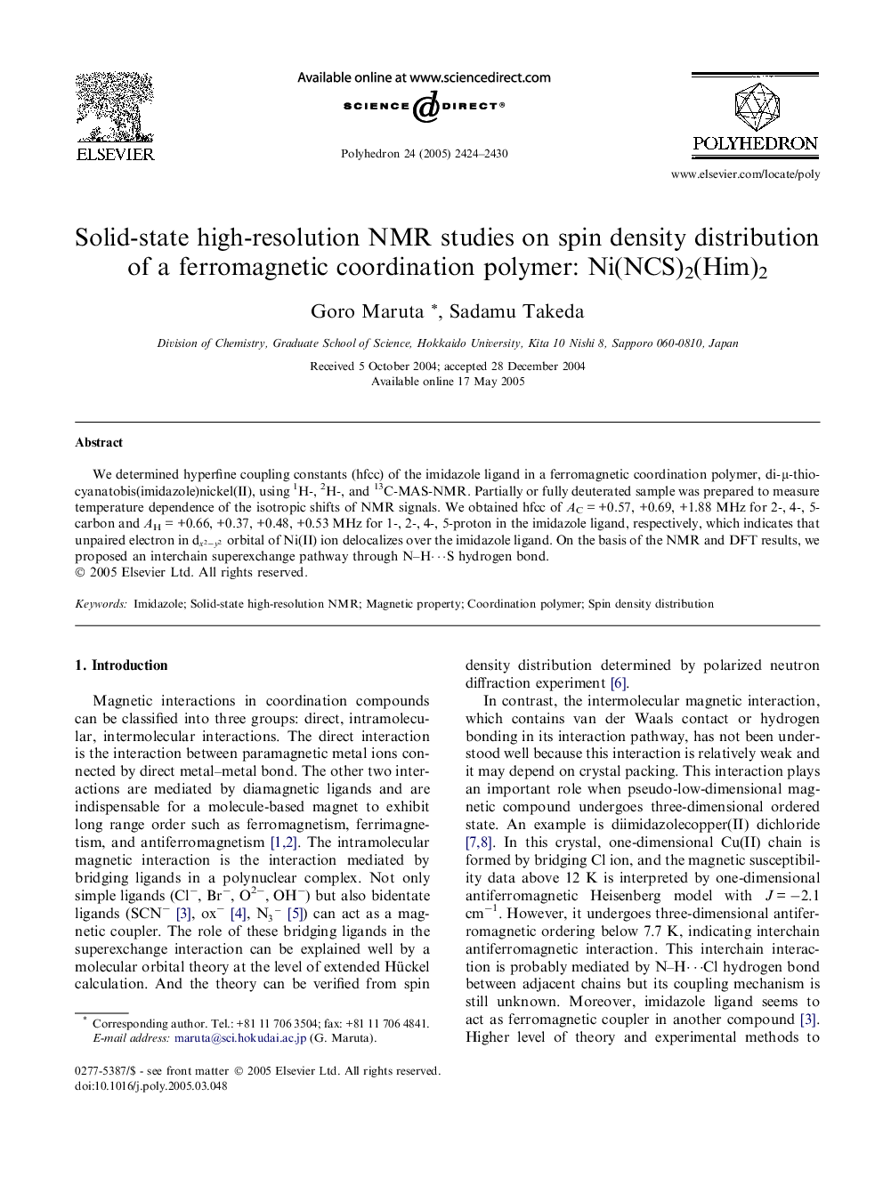 Solid-state high-resolution NMR studies on spin density distribution of a ferromagnetic coordination polymer: Ni(NCS)2(Him)2