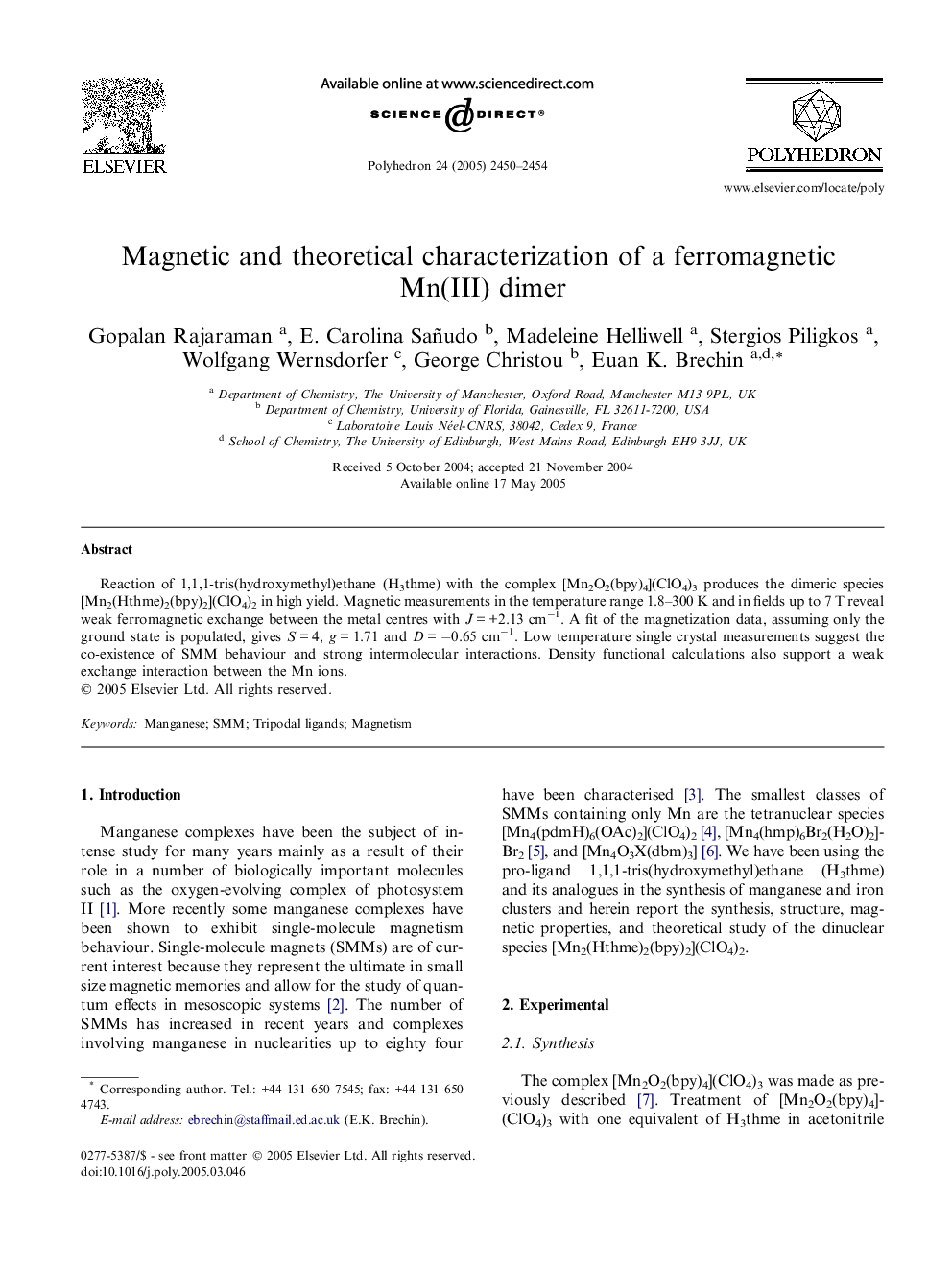 Magnetic and theoretical characterization of a ferromagnetic Mn(III) dimer