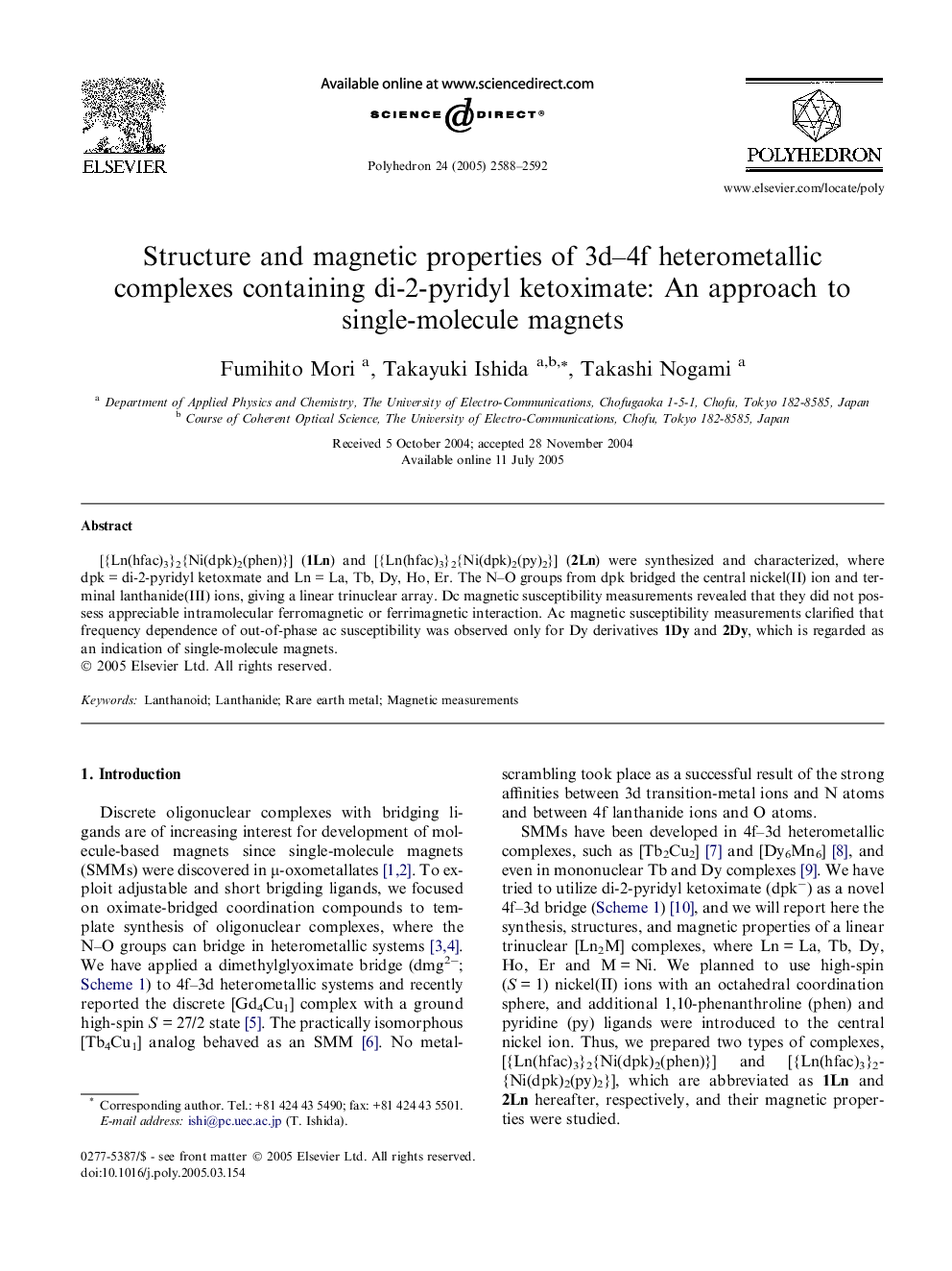 Structure and magnetic properties of 3d–4f heterometallic complexes containing di-2-pyridyl ketoximate: An approach to single-molecule magnets