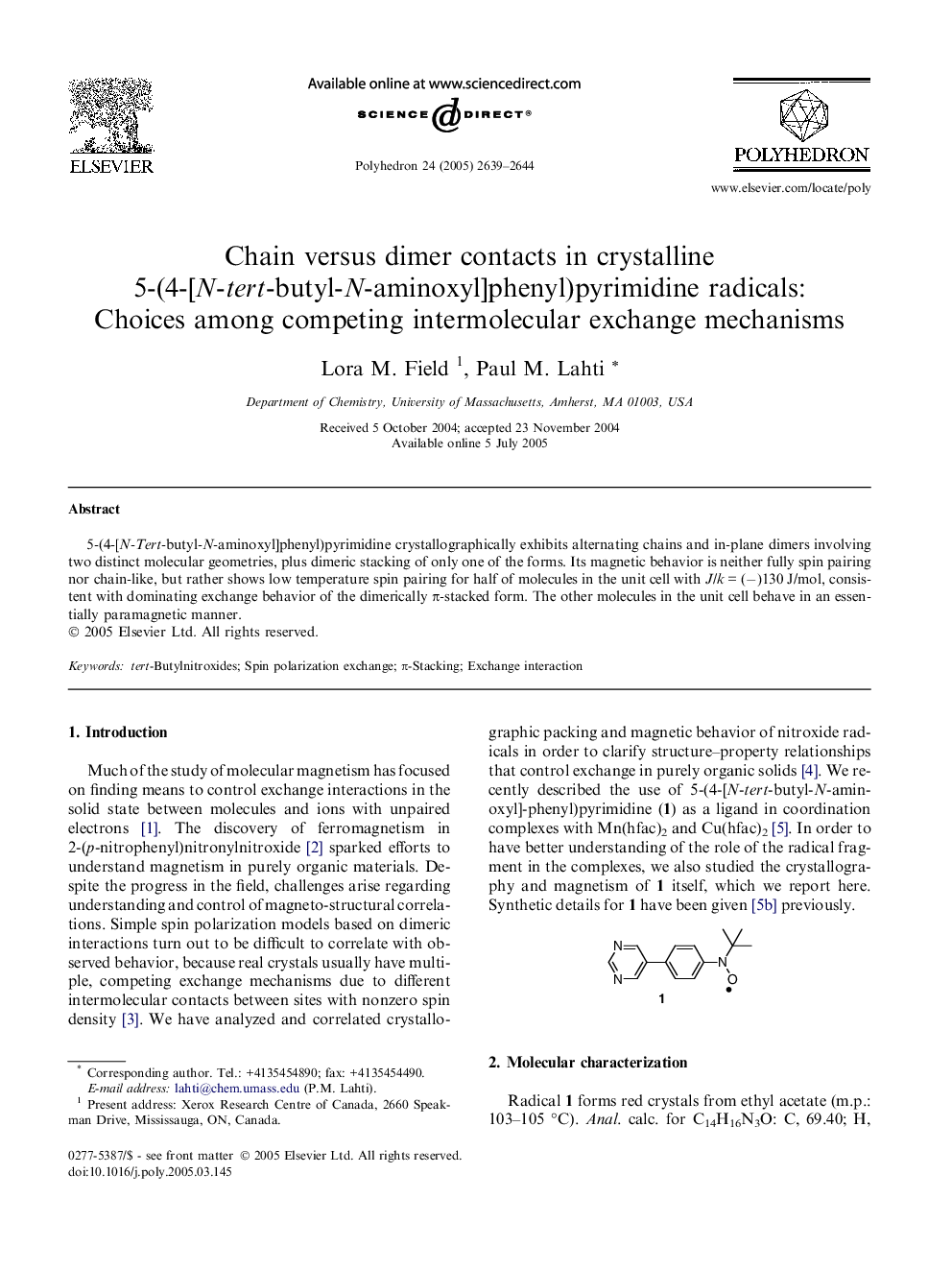 Chain versus dimer contacts in crystalline 5-(4-[N-tert-butyl-N-aminoxyl]phenyl)pyrimidine radicals: Choices among competing intermolecular exchange mechanisms