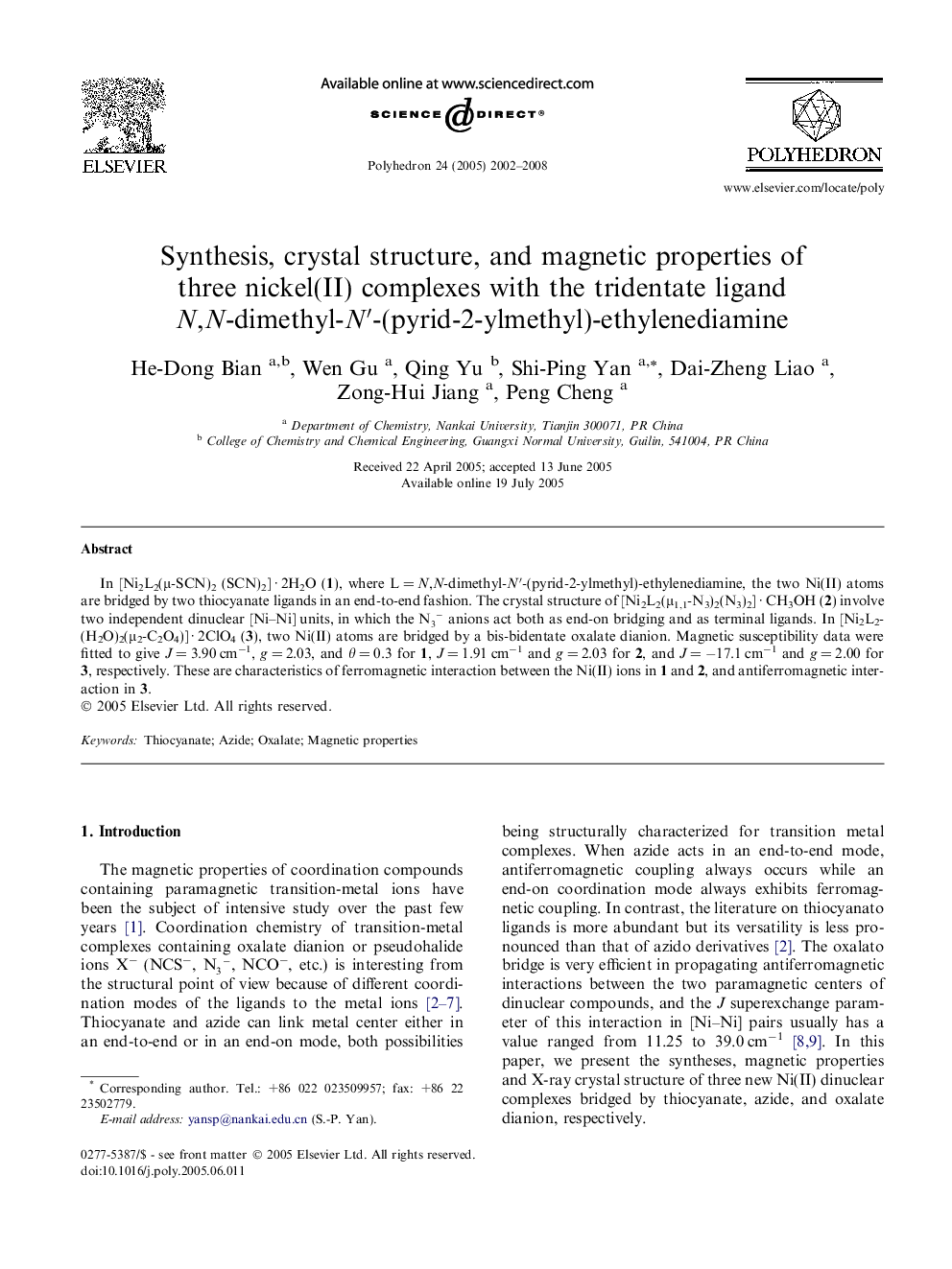 Synthesis, crystal structure, and magnetic properties of three nickel(II) complexes with the tridentate ligand N,N-dimethyl-N′-(pyrid-2-ylmethyl)-ethylenediamine