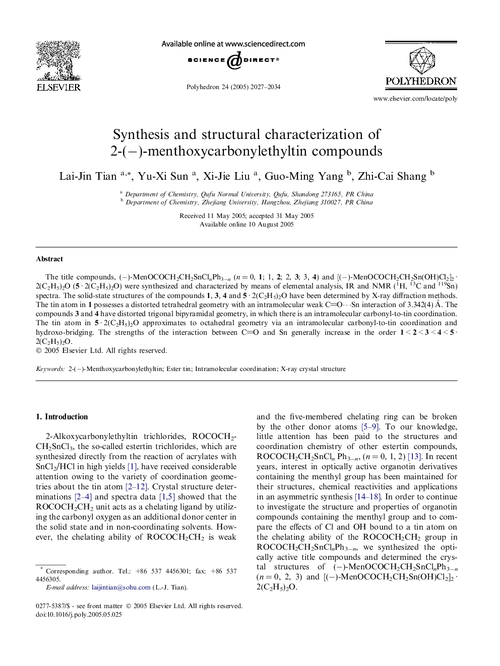 Synthesis and structural characterization of 2-(−)-menthoxycarbonylethyltin compounds