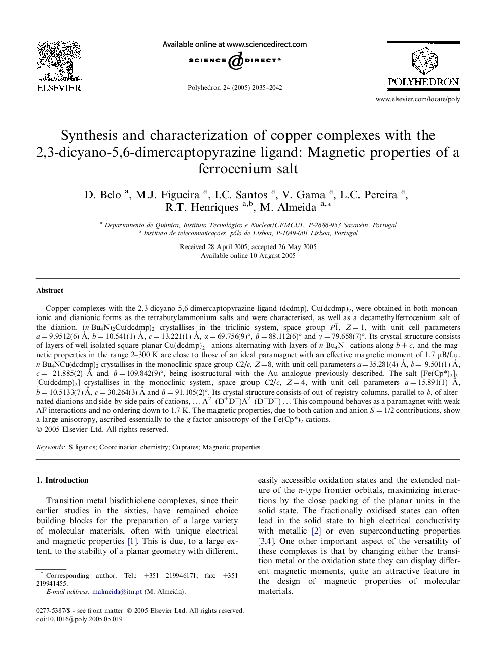 Synthesis and characterization of copper complexes with the 2,3-dicyano-5,6-dimercaptopyrazine ligand: Magnetic properties of a ferrocenium salt