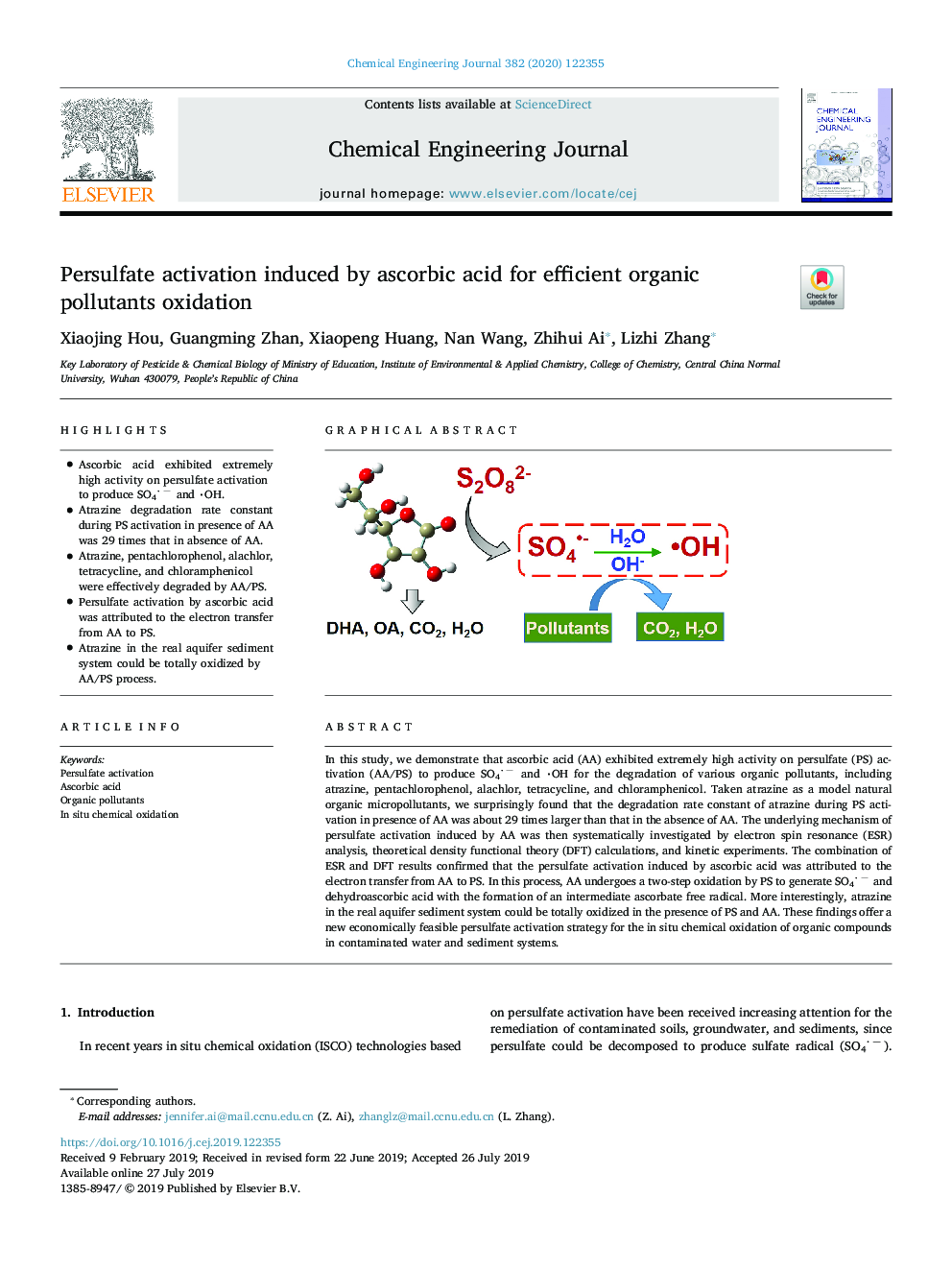 عکس صفحه اول مقاله: Persulfate activation induced by ascorbic acid for efficient organic pollutants oxidation Persulfate activation induced by ascorbic acid for efficient organic pollutants oxidation