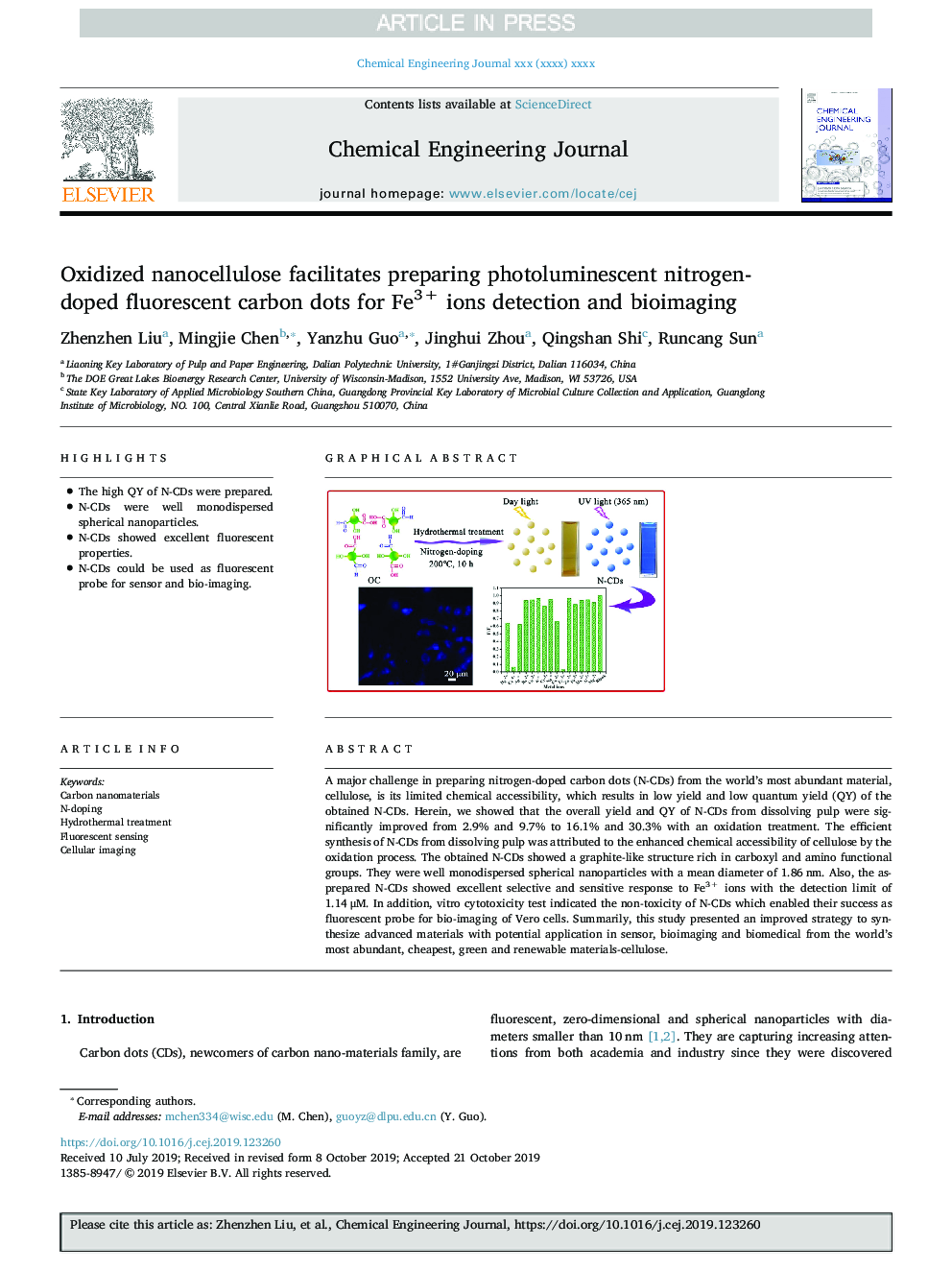 Oxidized nanocellulose facilitates preparing photoluminescent nitrogen-doped fluorescent carbon dots for Fe3+ ions detection and bioimaging