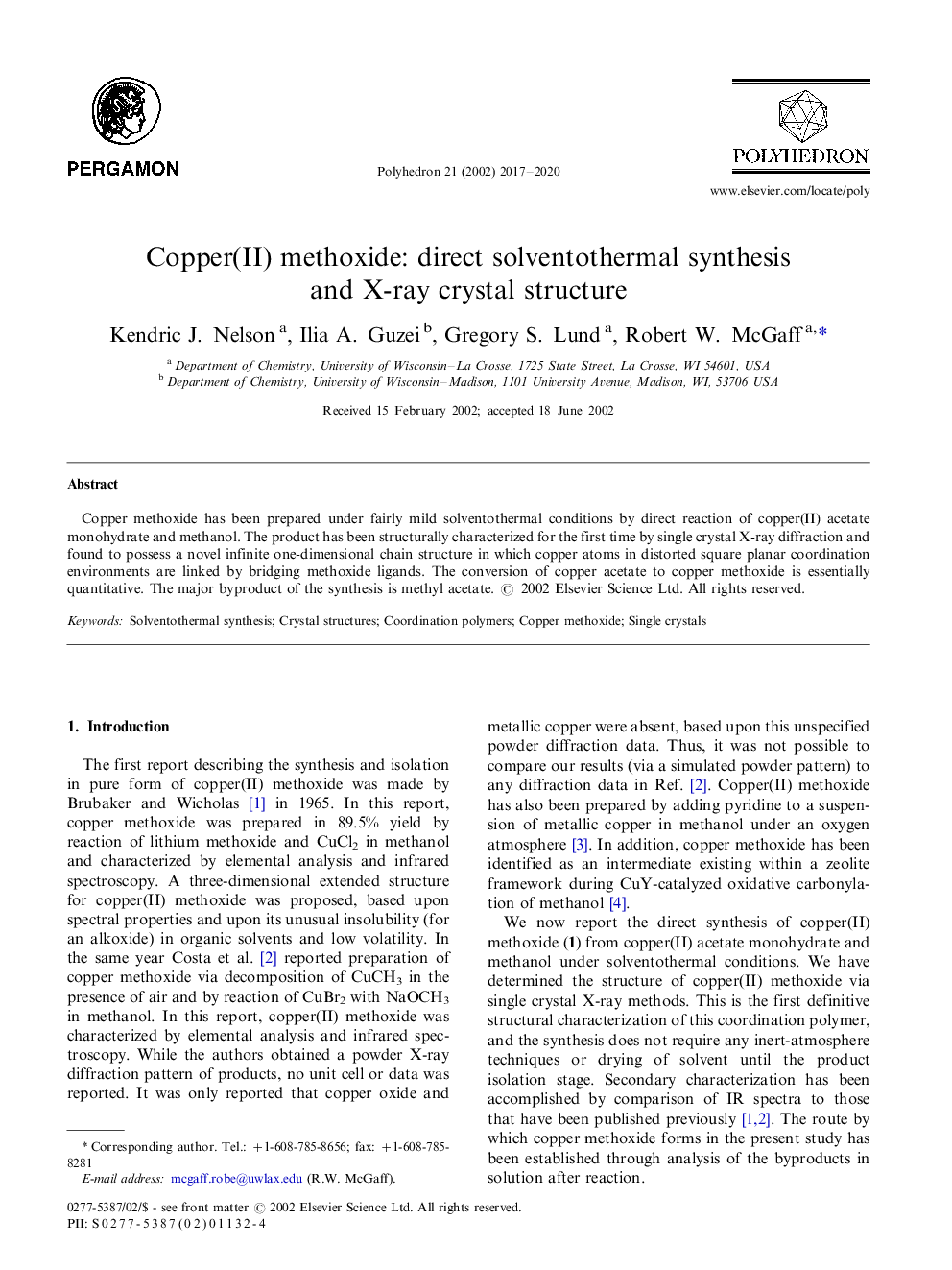 مس (II) methoxide: سنتز solventothermal مستقیم و ساختار بلوری اشعه ایکس 
