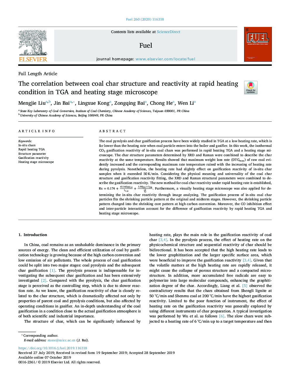 The correlation between coal char structure and reactivity at rapid heating condition in TGA and heating stage microscope