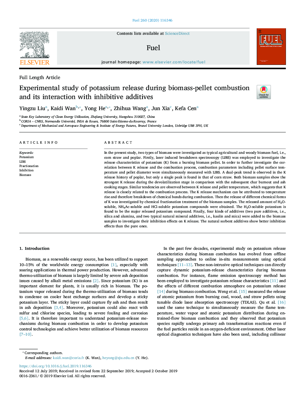 Experimental study of potassium release during biomass-pellet combustion and its interaction with inhibitive additives